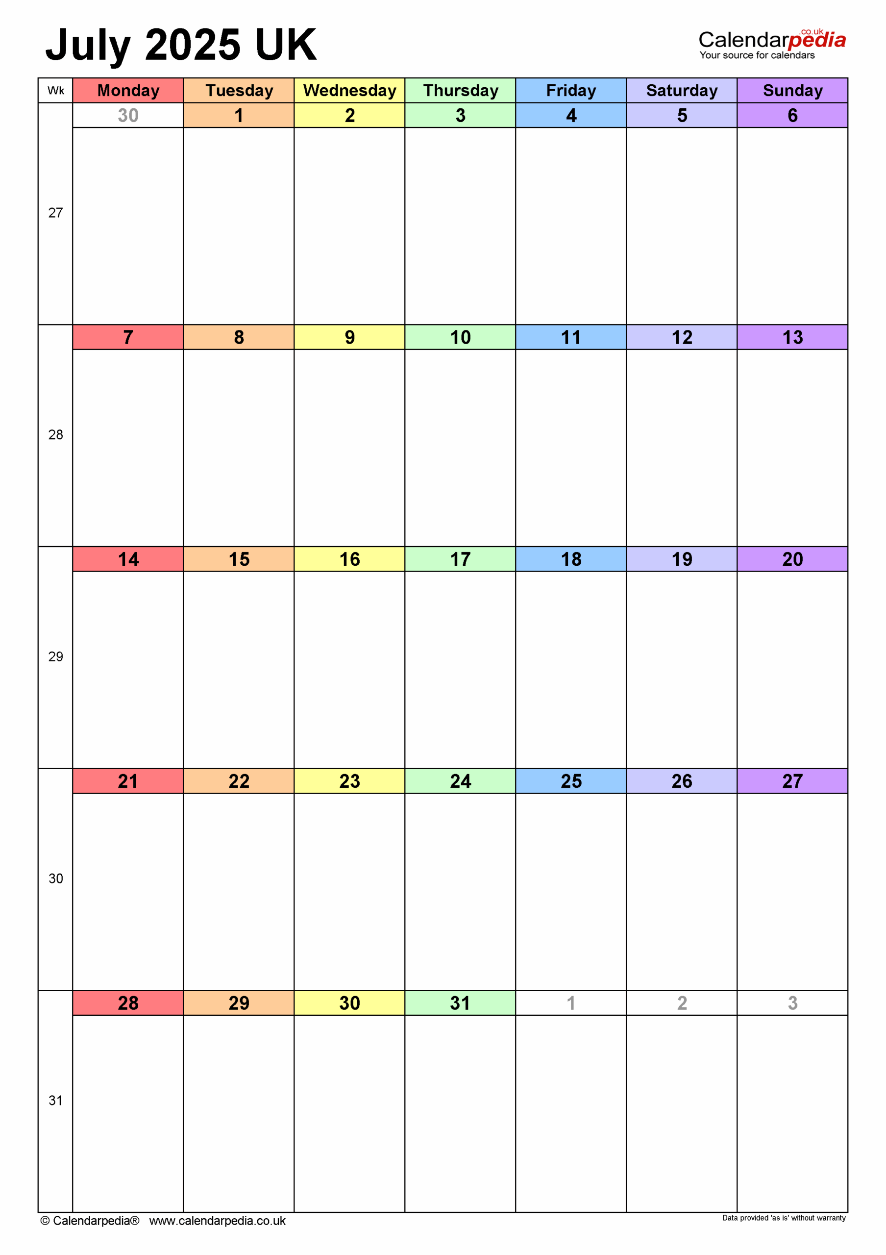 Calendar July 2025 UK With PDF Excel And Word Templates