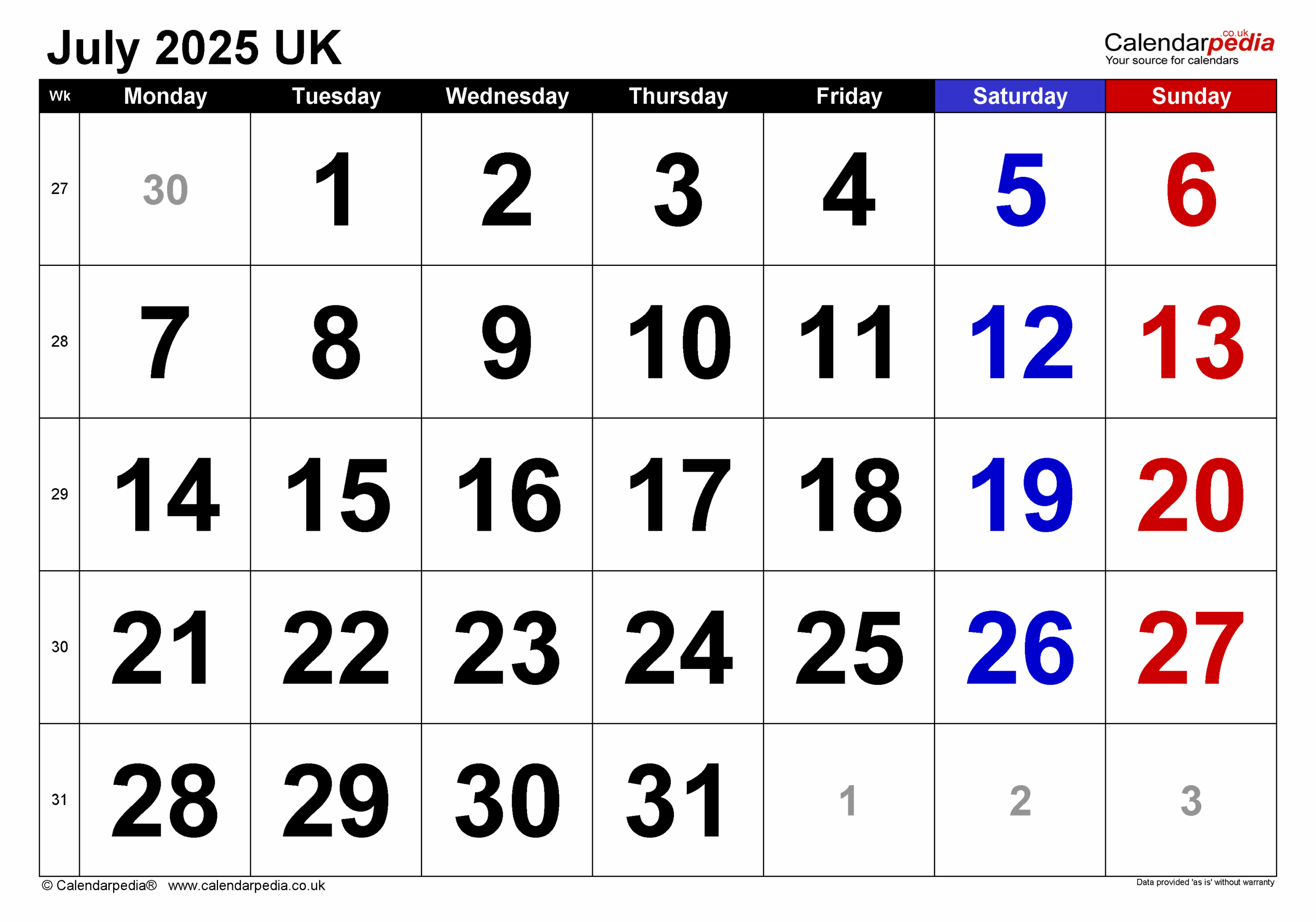 July 2025 Calendar Word Doc