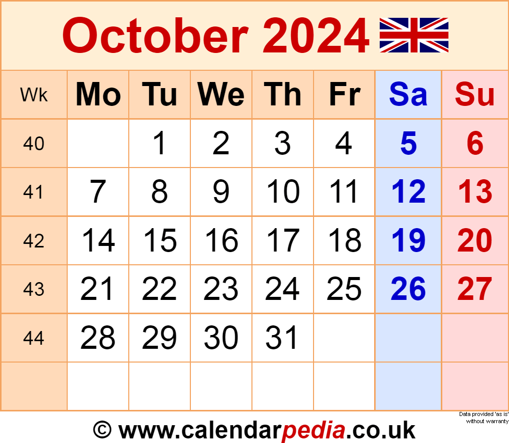 Calendar October 2024 UK With PDF Excel And Word Templates