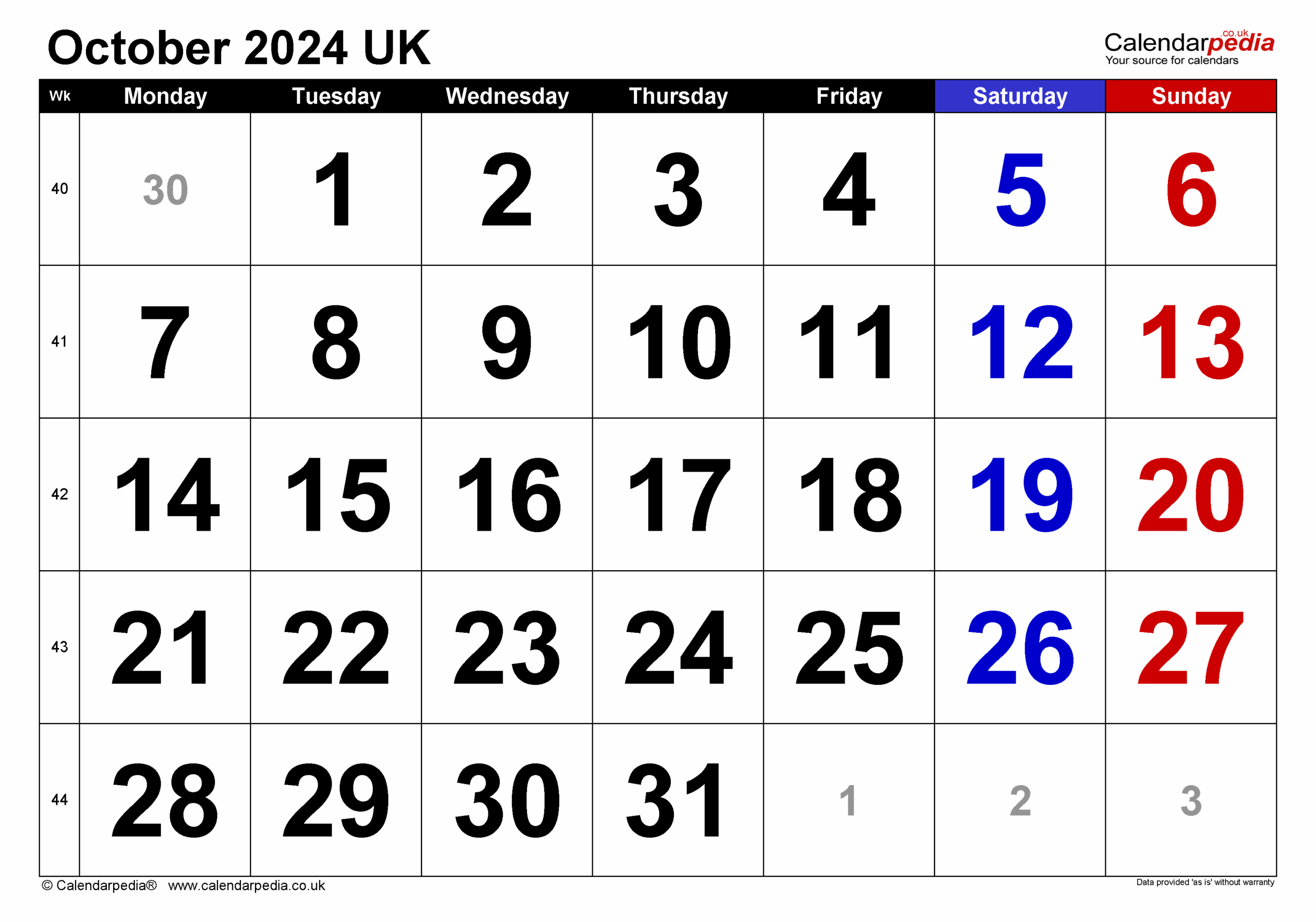 Calendar October 2024 UK With PDF Excel And Word Templates