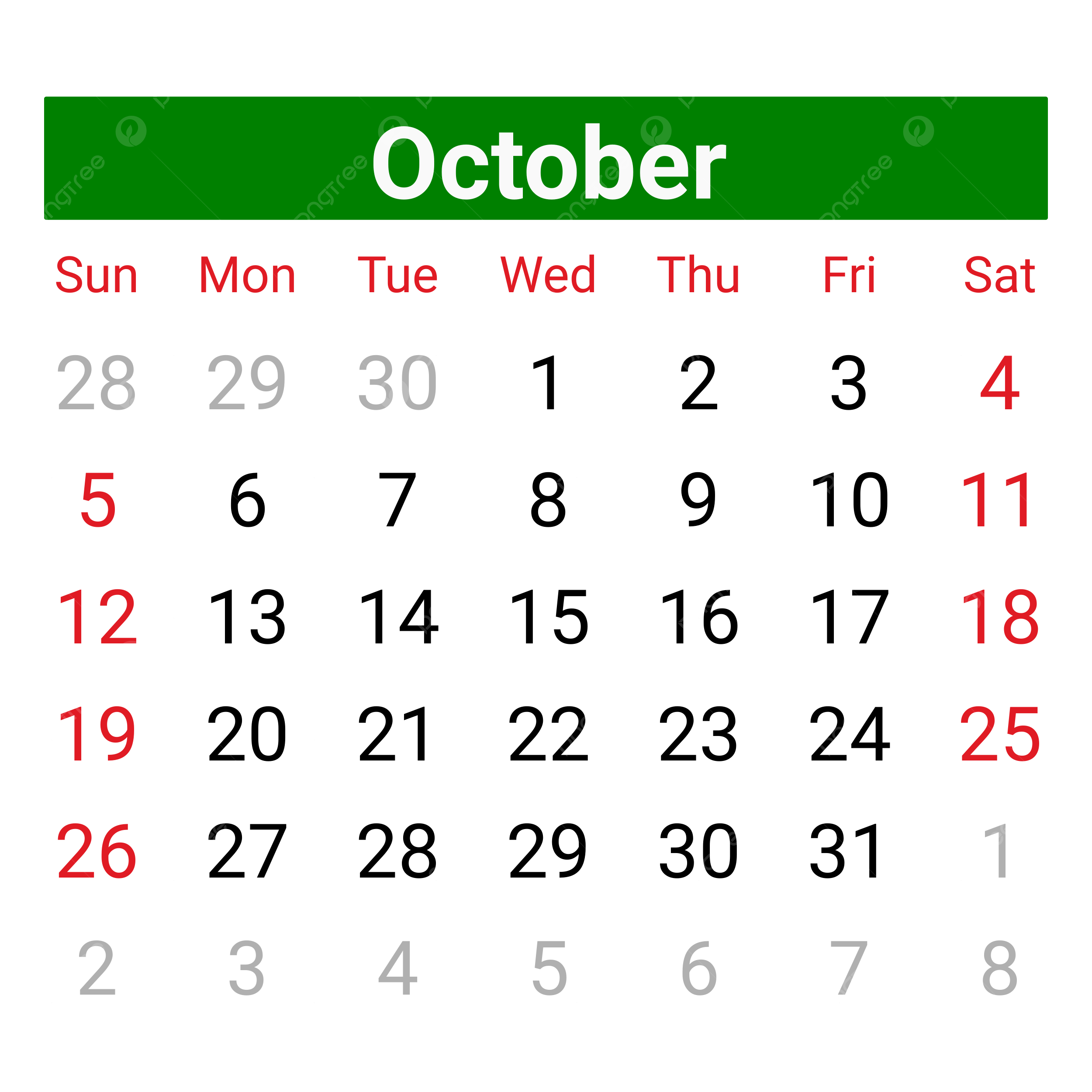Calendar October 2025 Vector Calendar 2025 October 2025 Monthly PNG And Vector With Transparent Background For Free Download