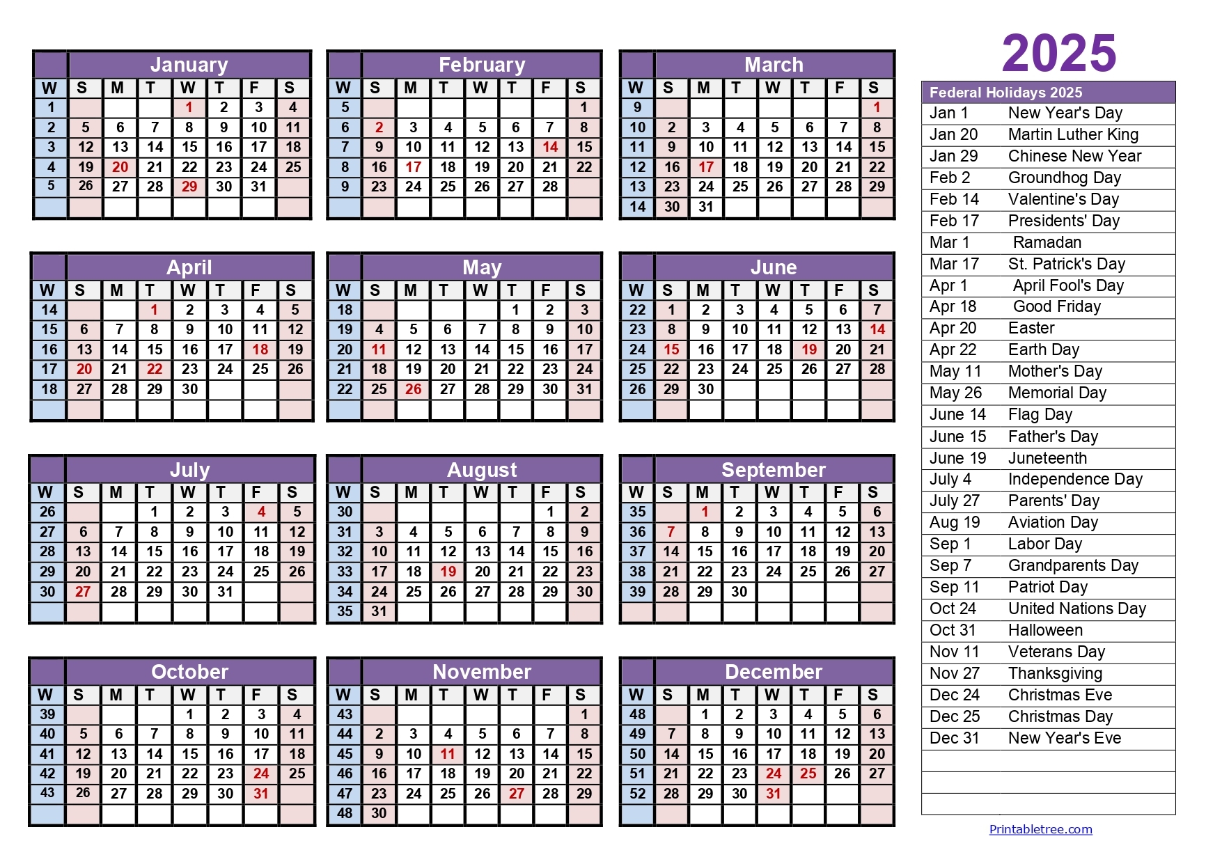 2025 Calendar With Week Numbers Printable