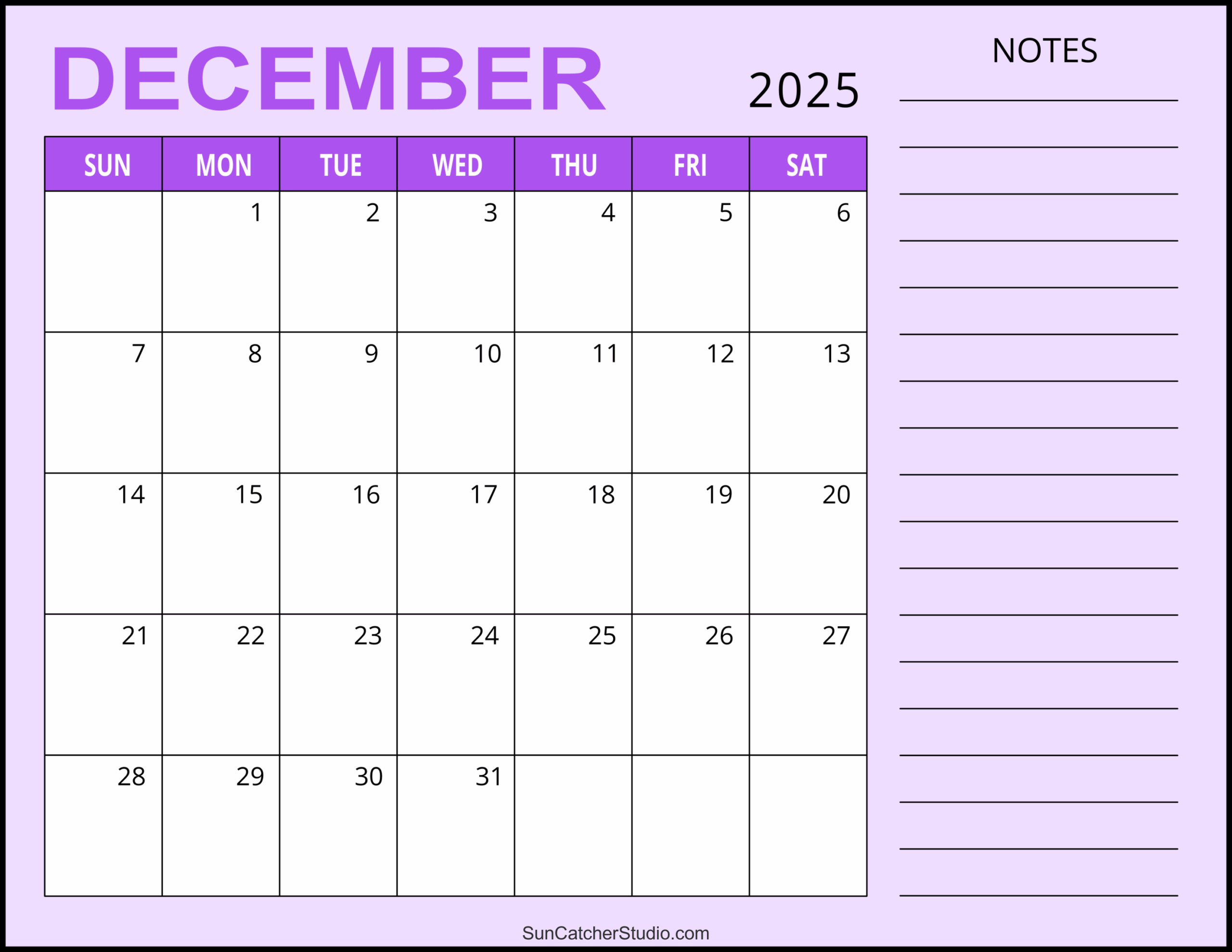 Calendar 2025 Printable Monthly December