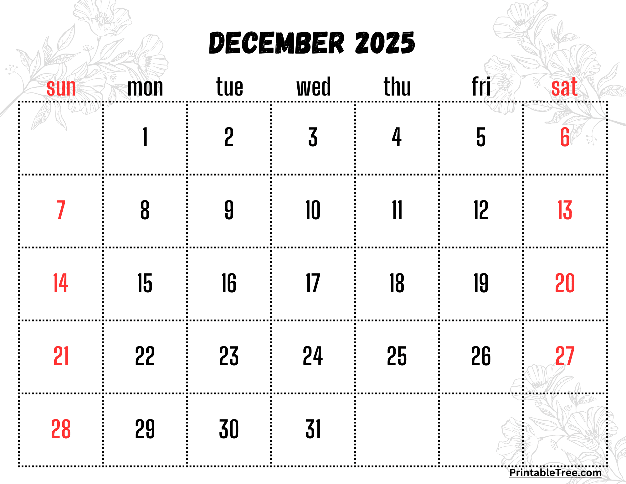 December 2025 Calendar Christmas Printable Free