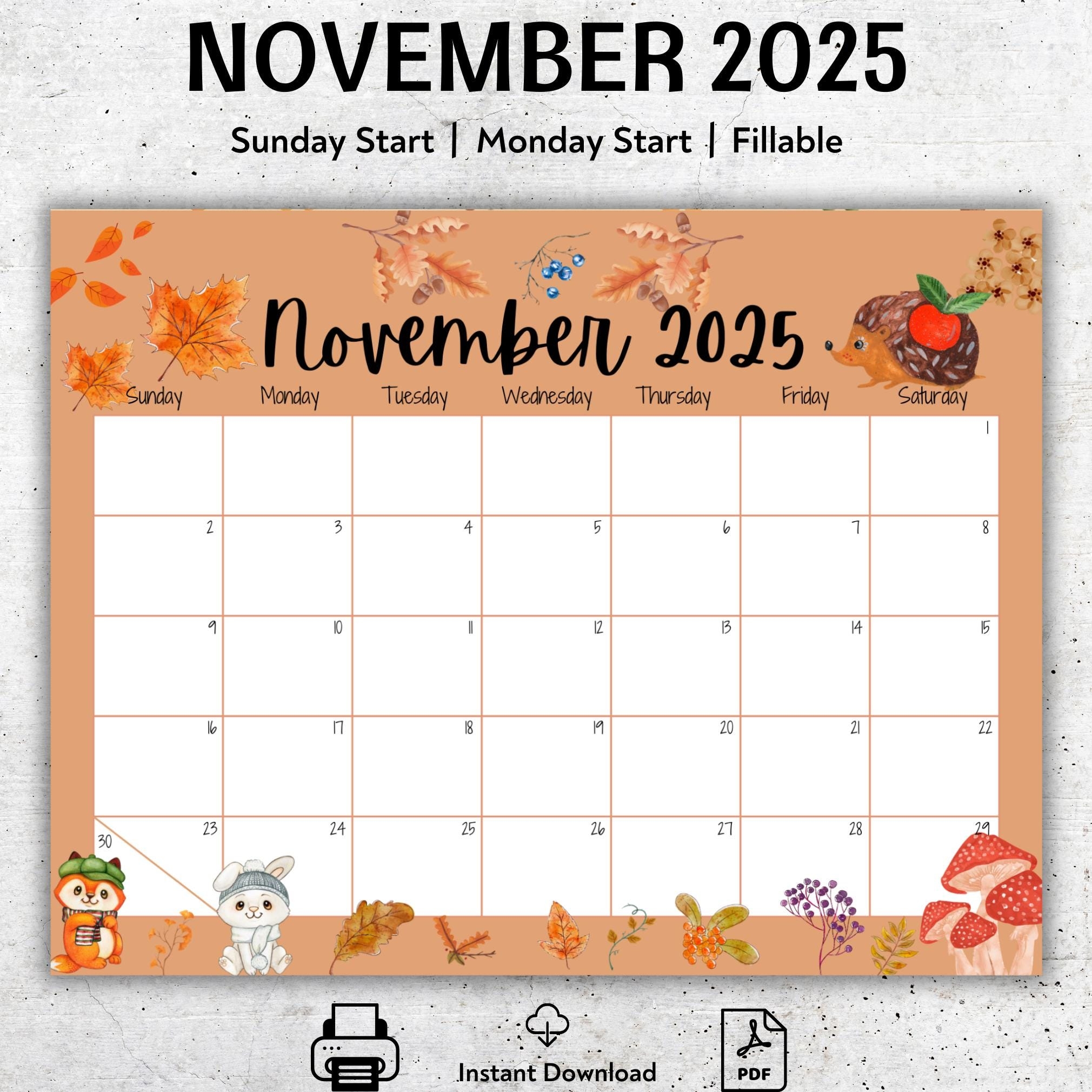 EDITABLE November 2025 Calendar Beautiful Fall Printable 