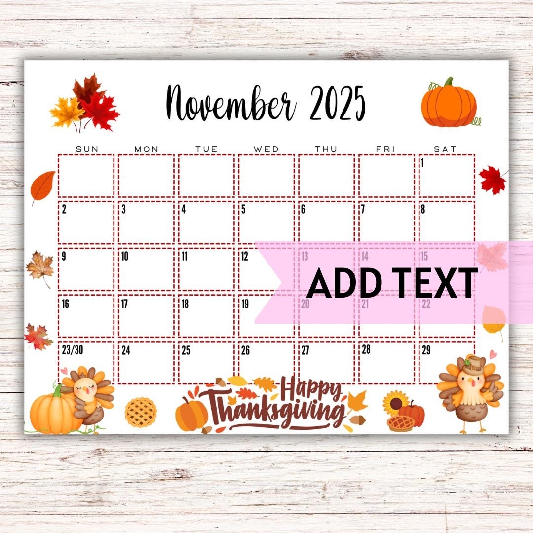 EDITABLE Printable November Calendar 2025 Cute Turkey 