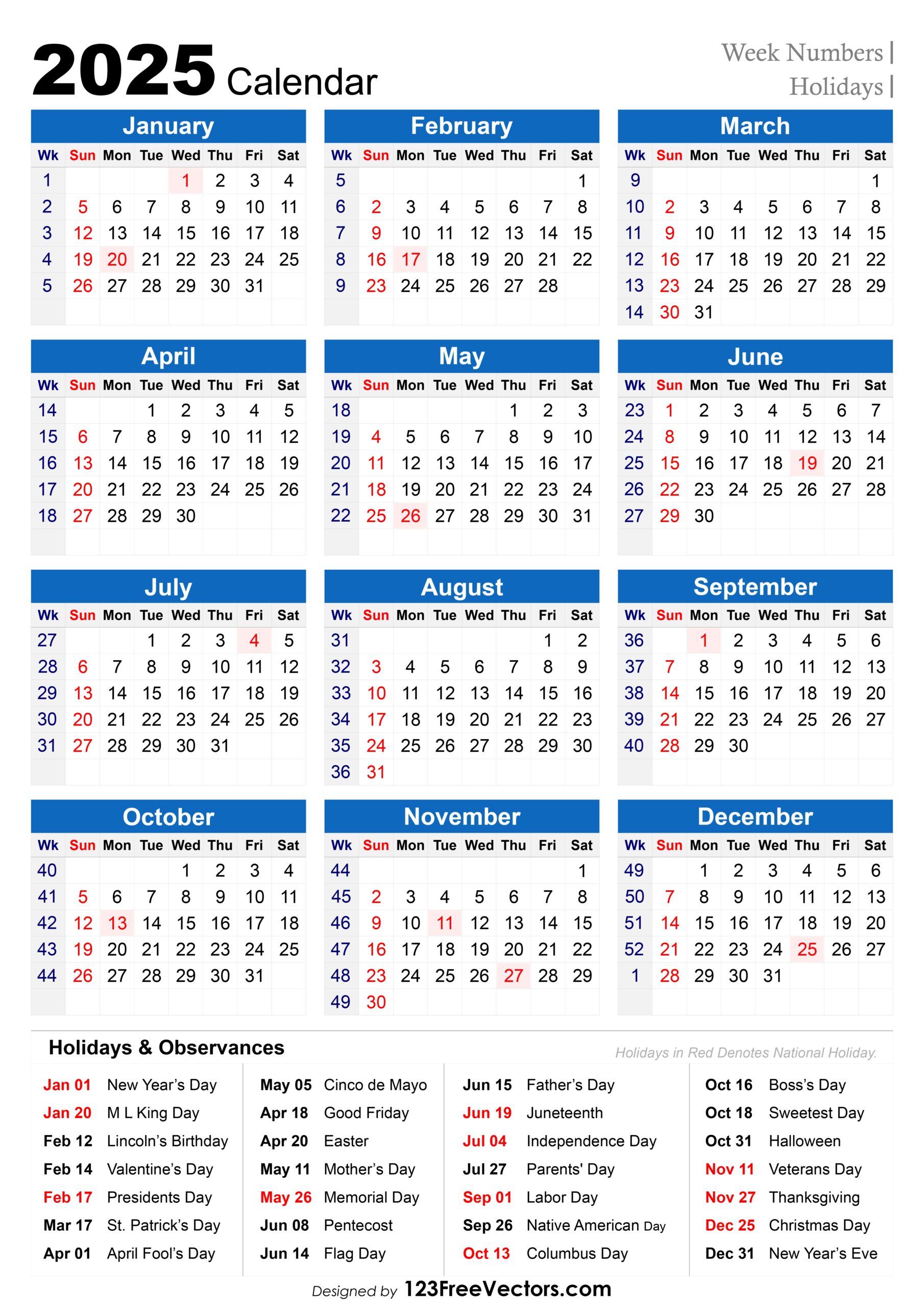 2025 Printable Calendar With Week Numbers