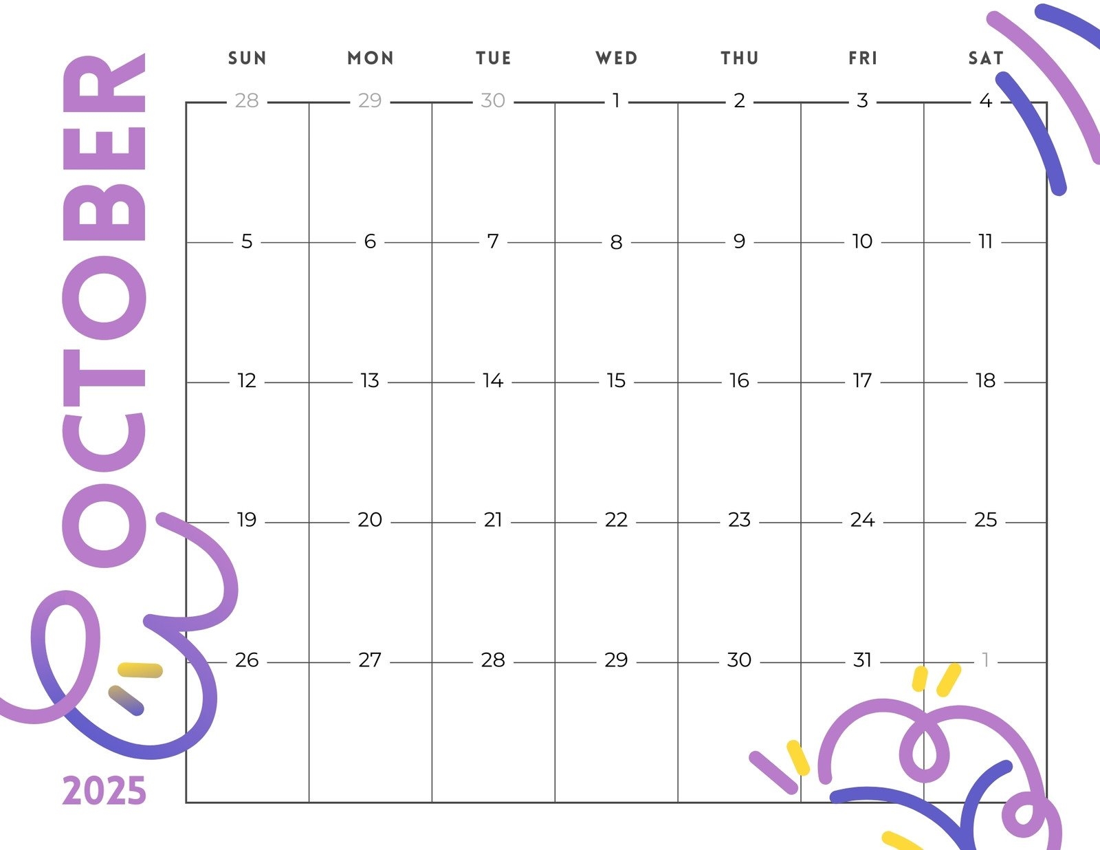 Blank Printable Calendar October 2025