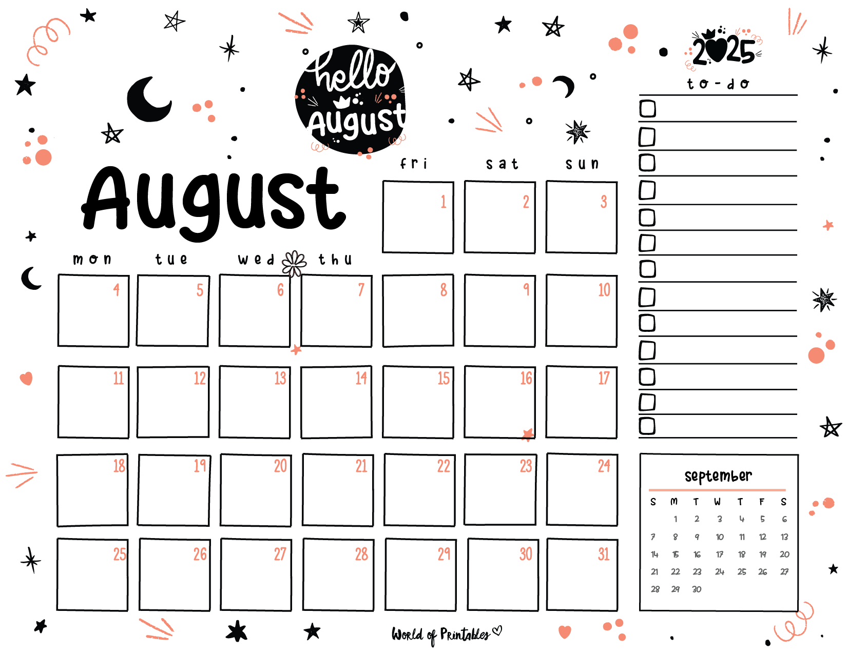 August 2025 Calendar Printable Cute