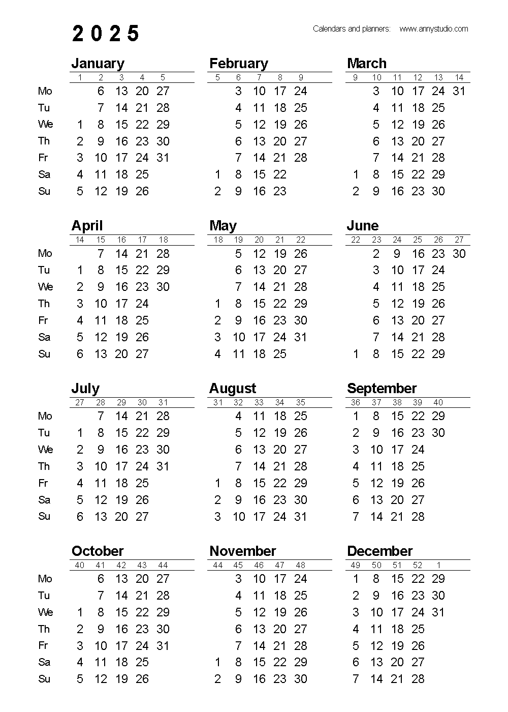 Free Printable 2025 Yearly Calendar One Page