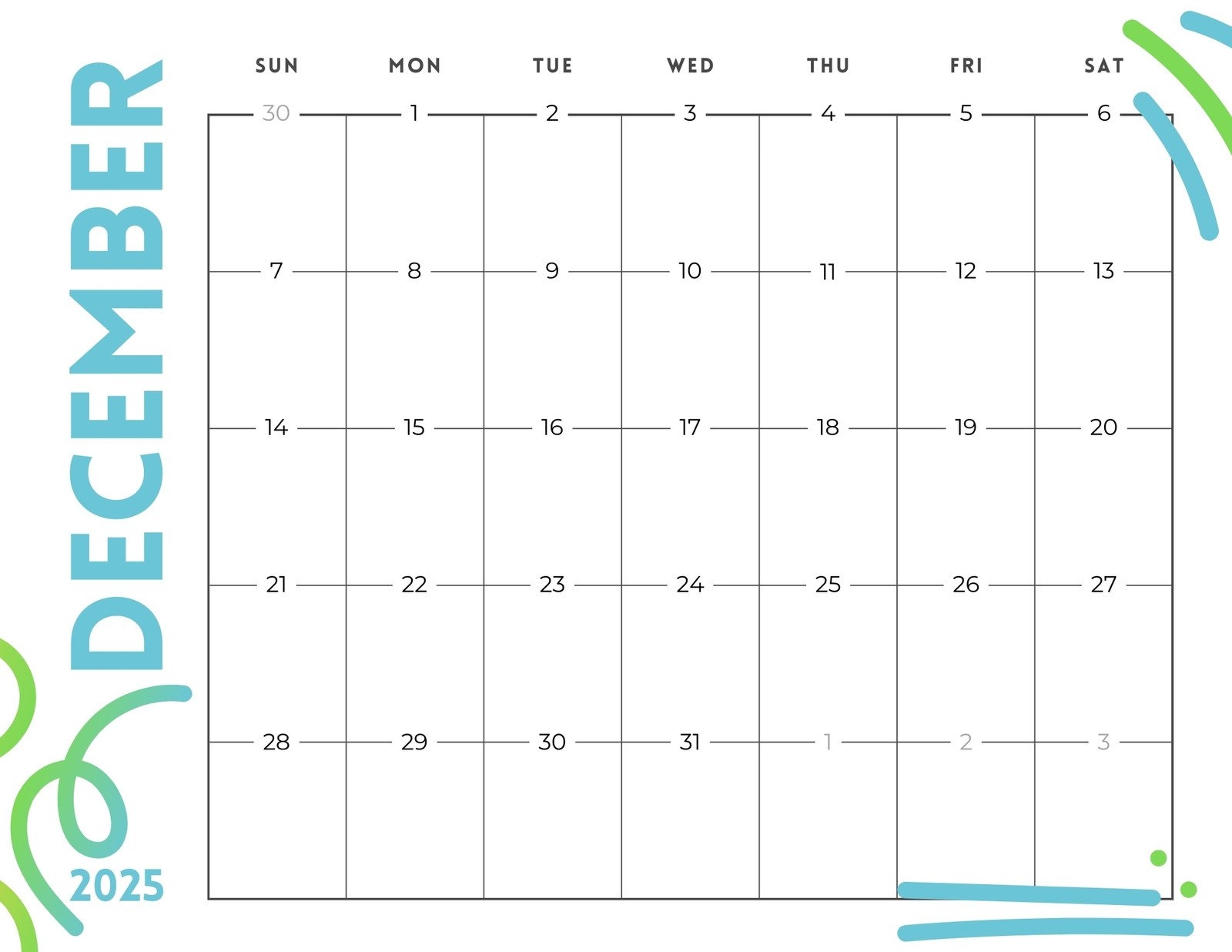 Calendar Template December 2025 Printable