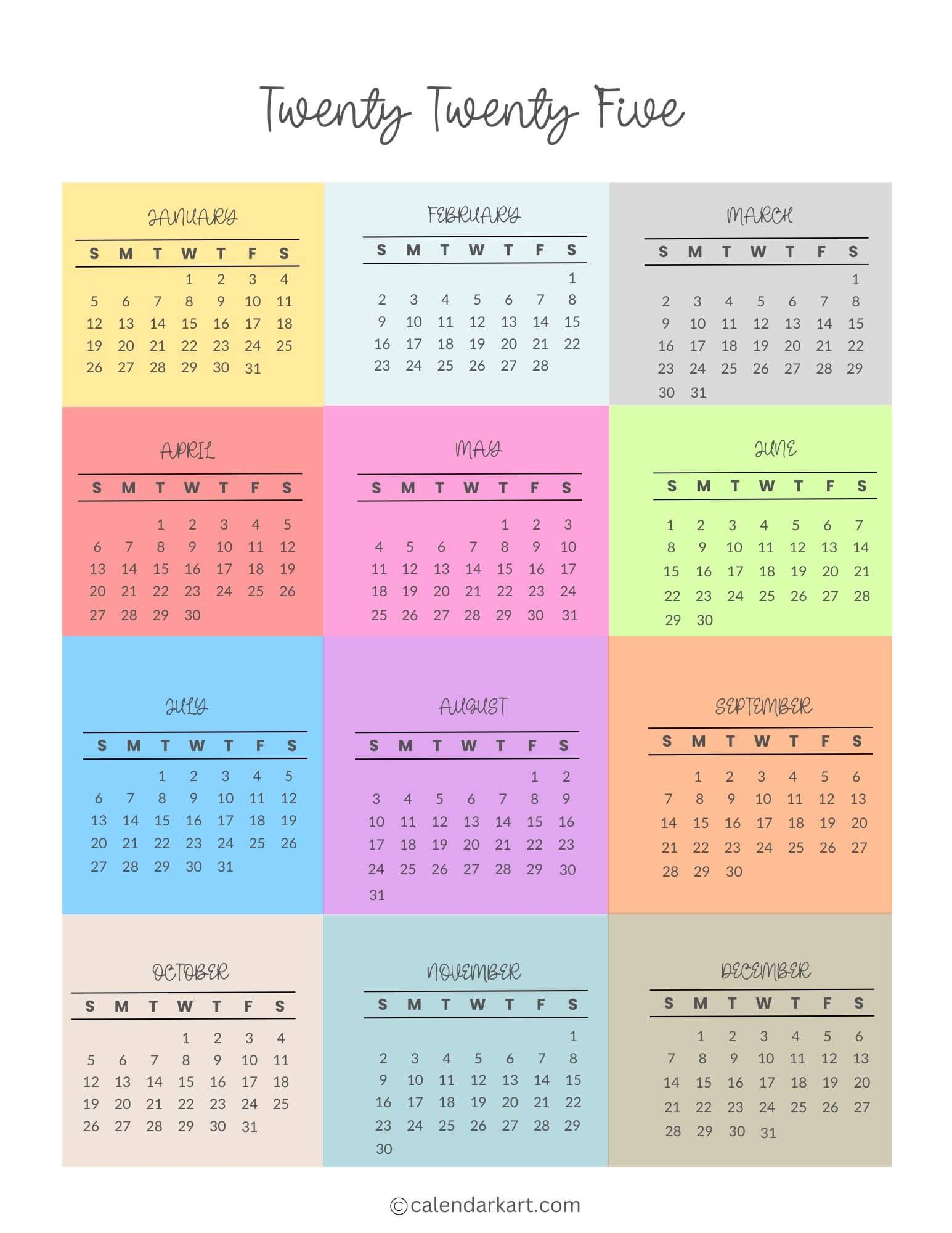 Free Printable Calendar 2025 Year At A Glance