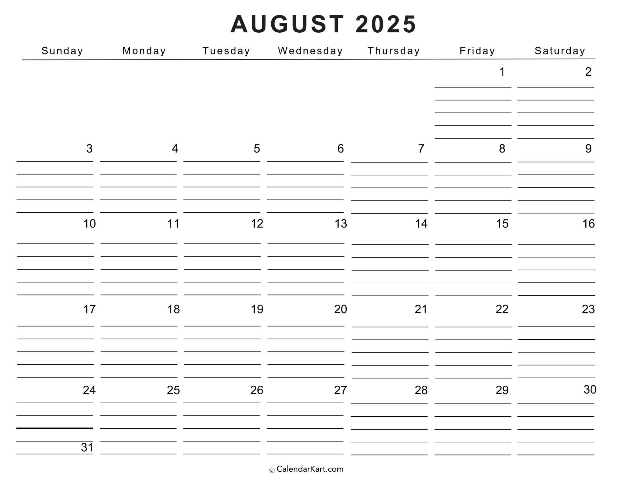 Free Printable Aug 2025 Calendar