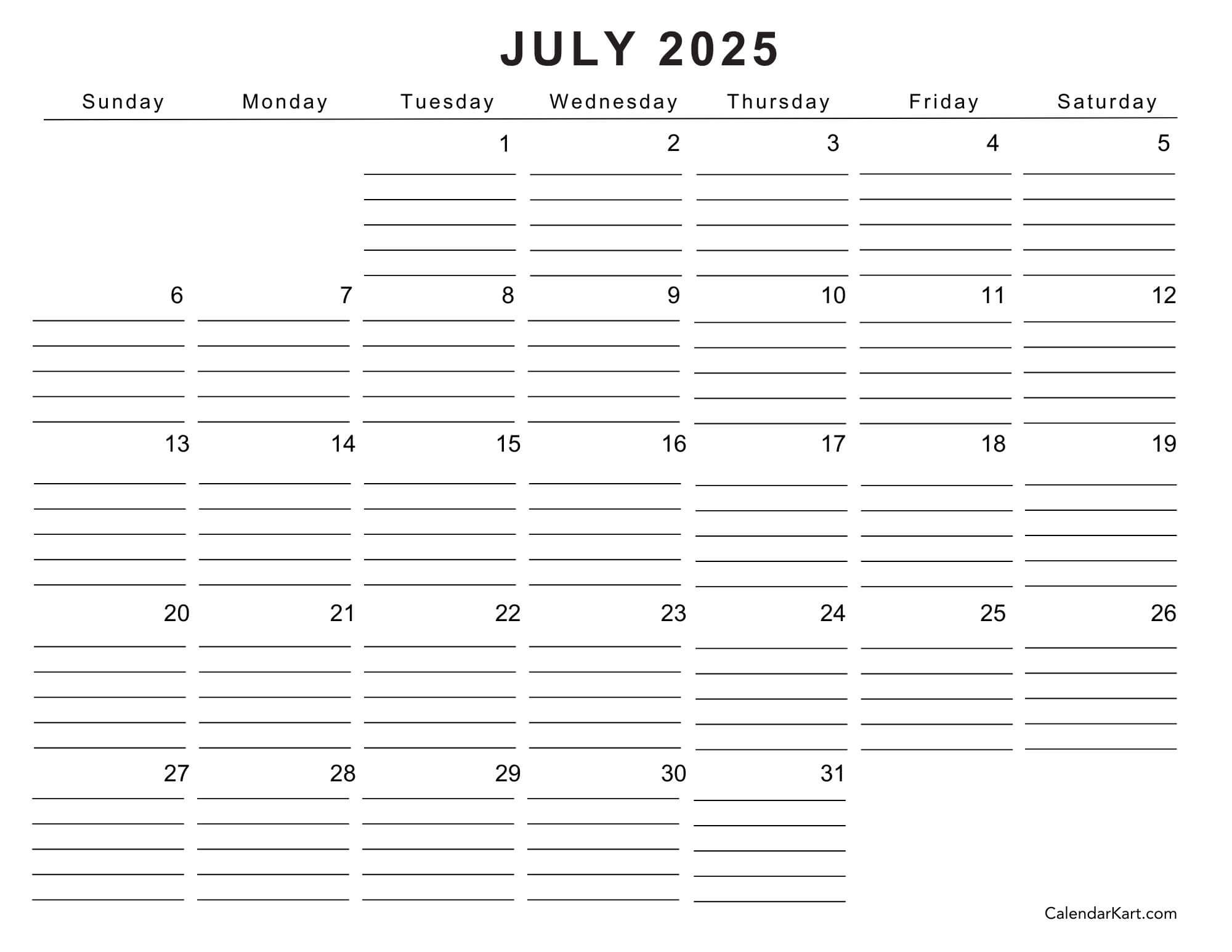 Free Editable July 2025 Calendar