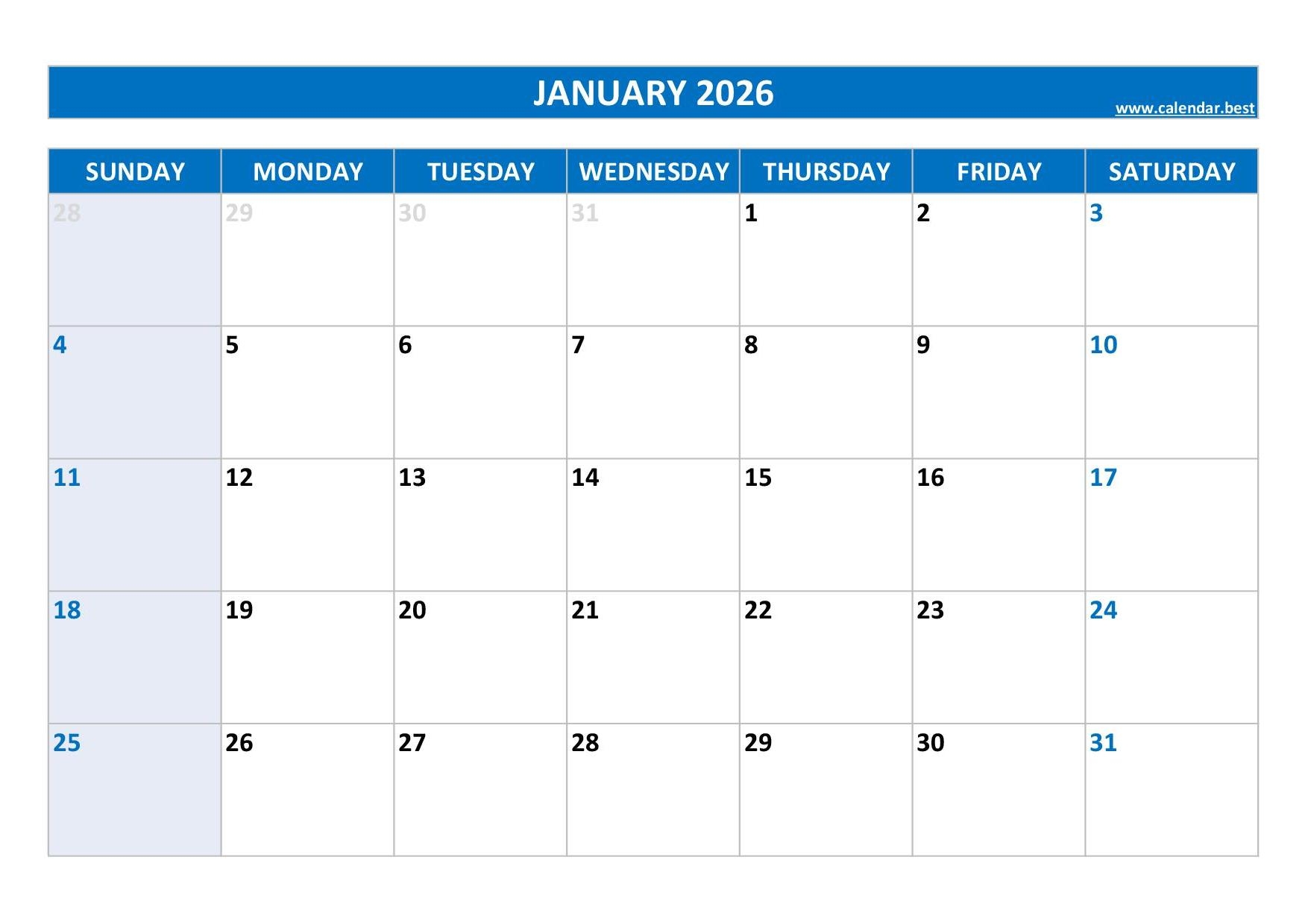 Calendar January 2026 Printable Free