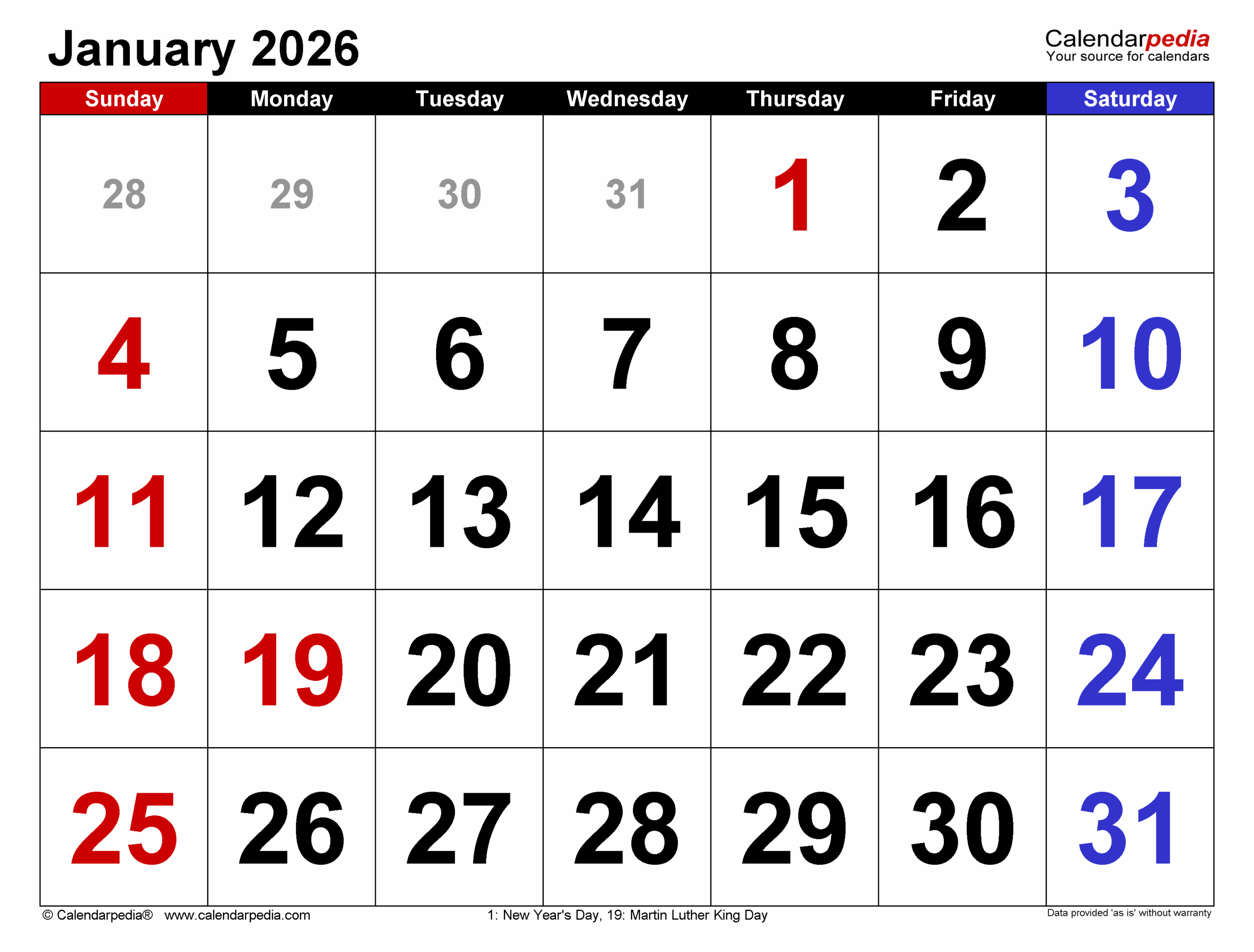 Pdf January 2026 Calendar Printable