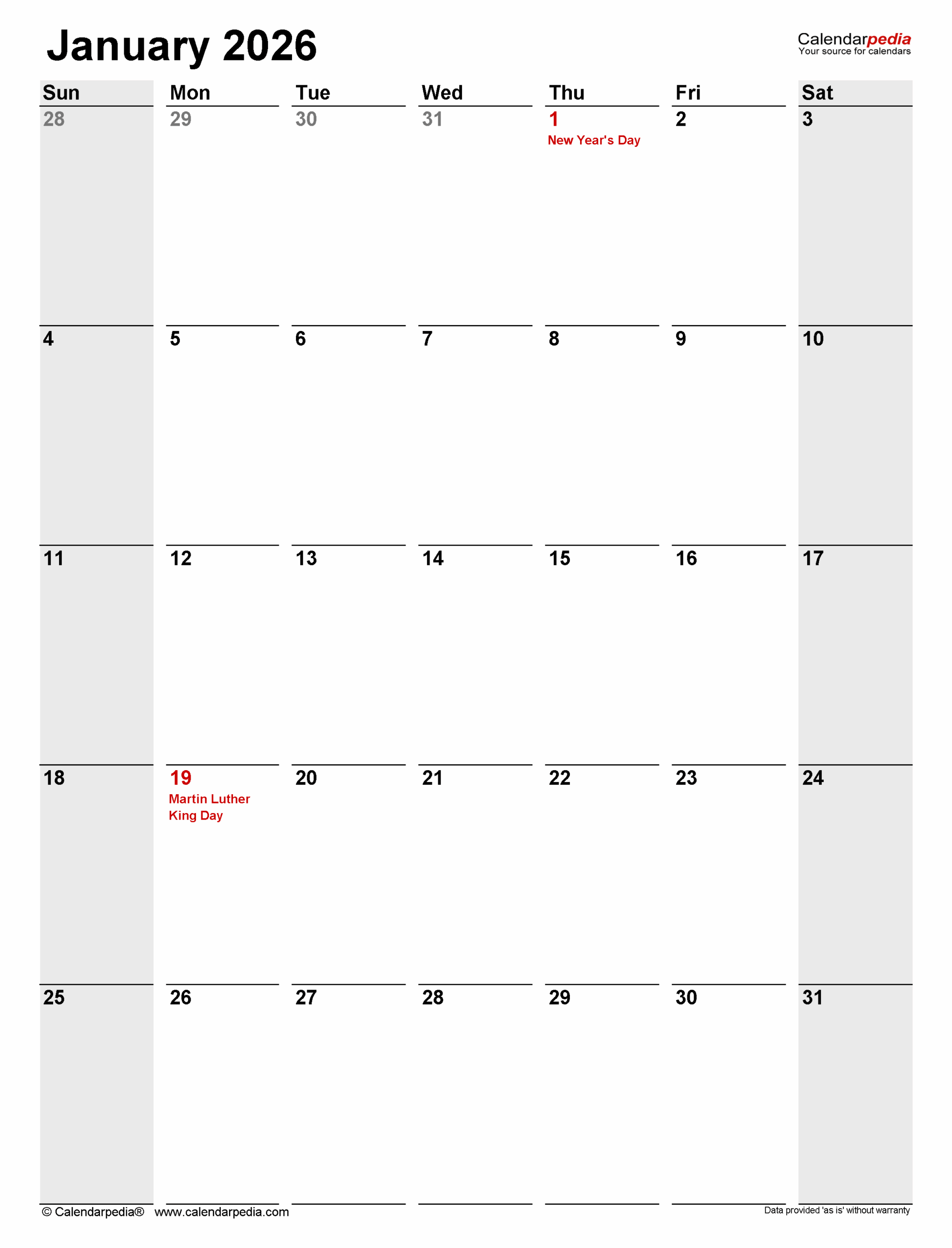January 2026 Calendar Templates For PDF Excel And Word