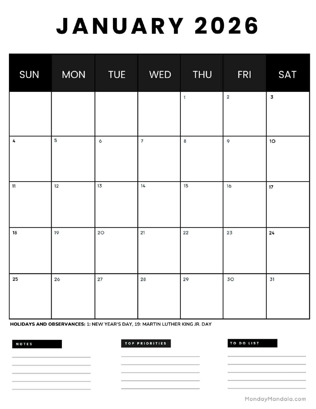 Blank Calendar Printable January 2026