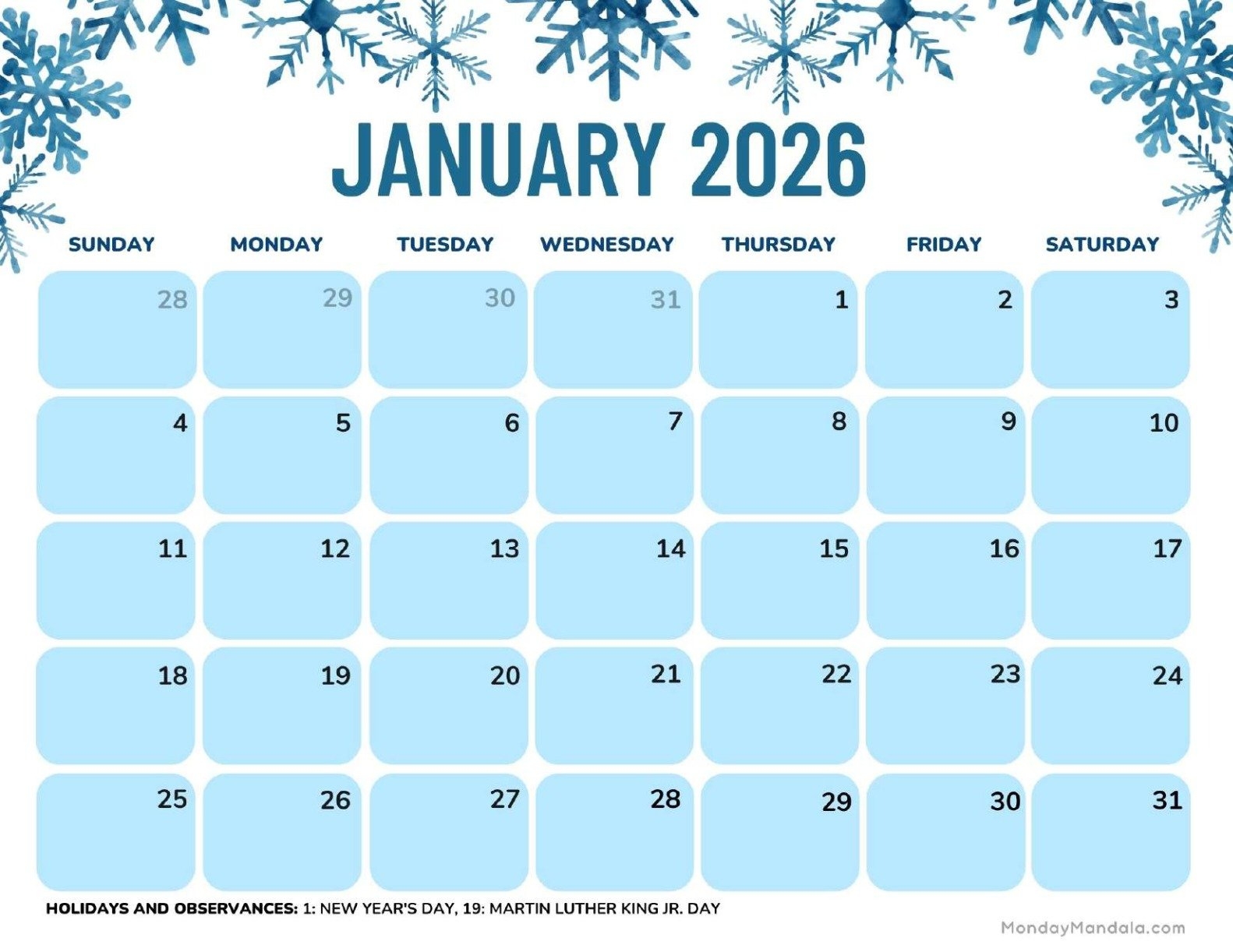 Free Printable Blank January 2026 Calendar