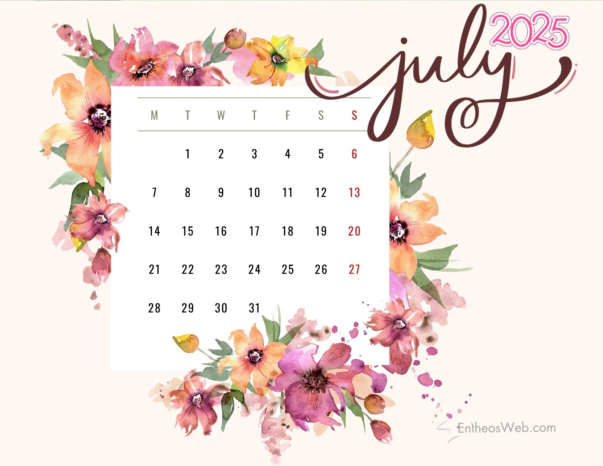 July 2025 Calendar Free PDF Printables EntheosWeb