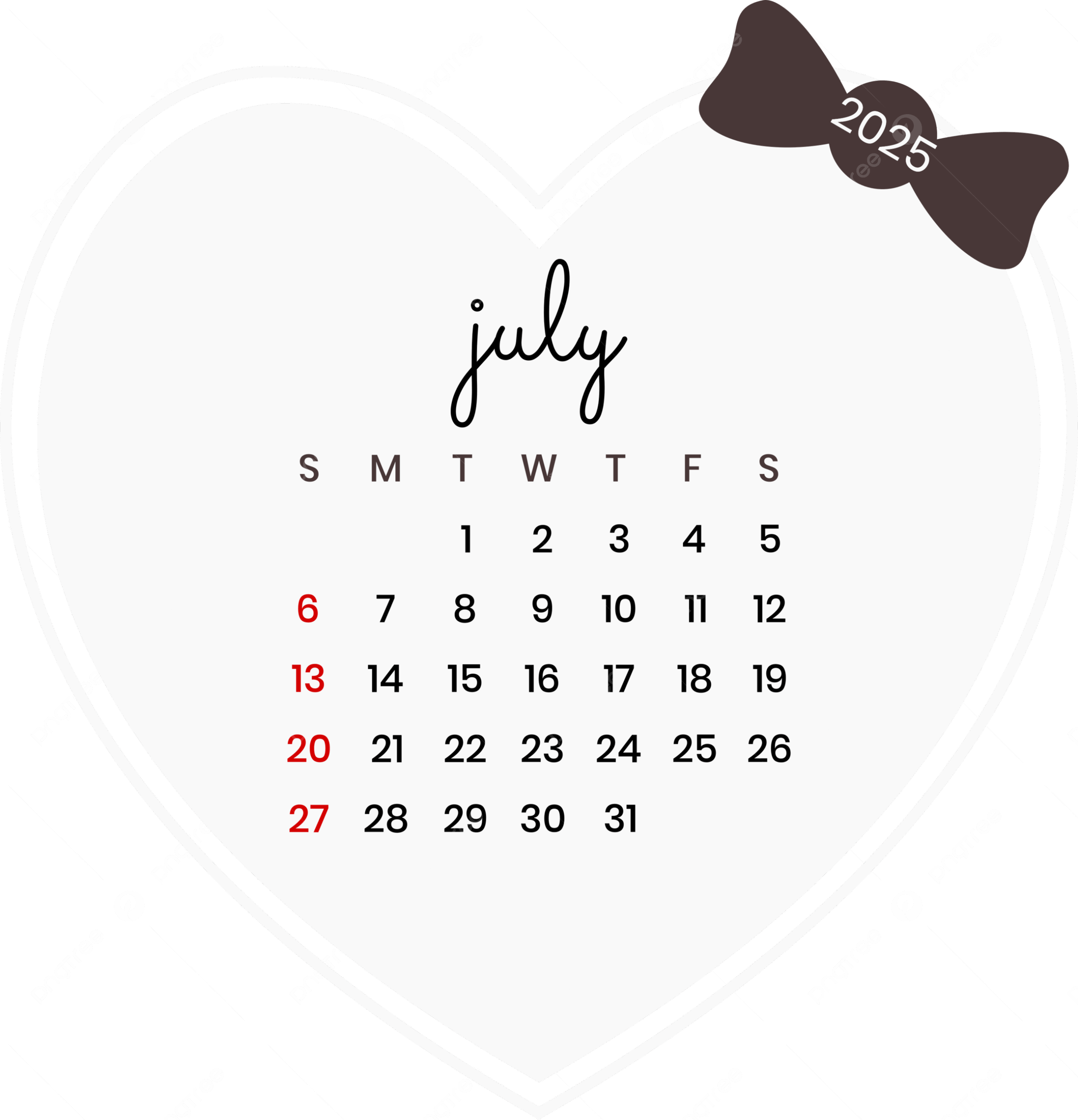 July 2025 Calendar Love Design Vector July 2025 Calendar Calendar 2025 July Calendar PNG And Vector With Transparent Background For Free Download