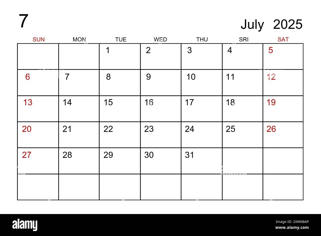 July Empty Calendar 2025