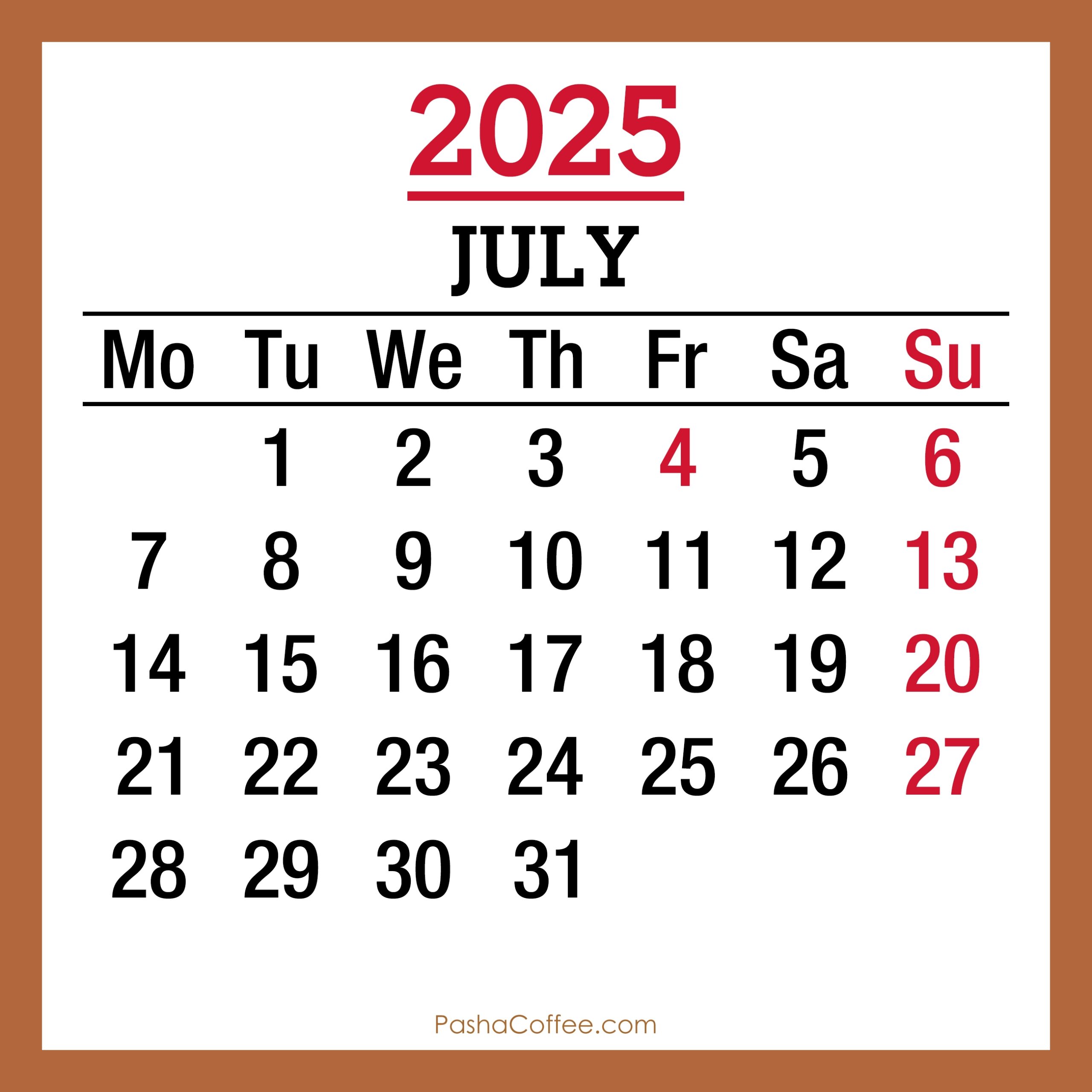 July 2025 Holiday Calendar