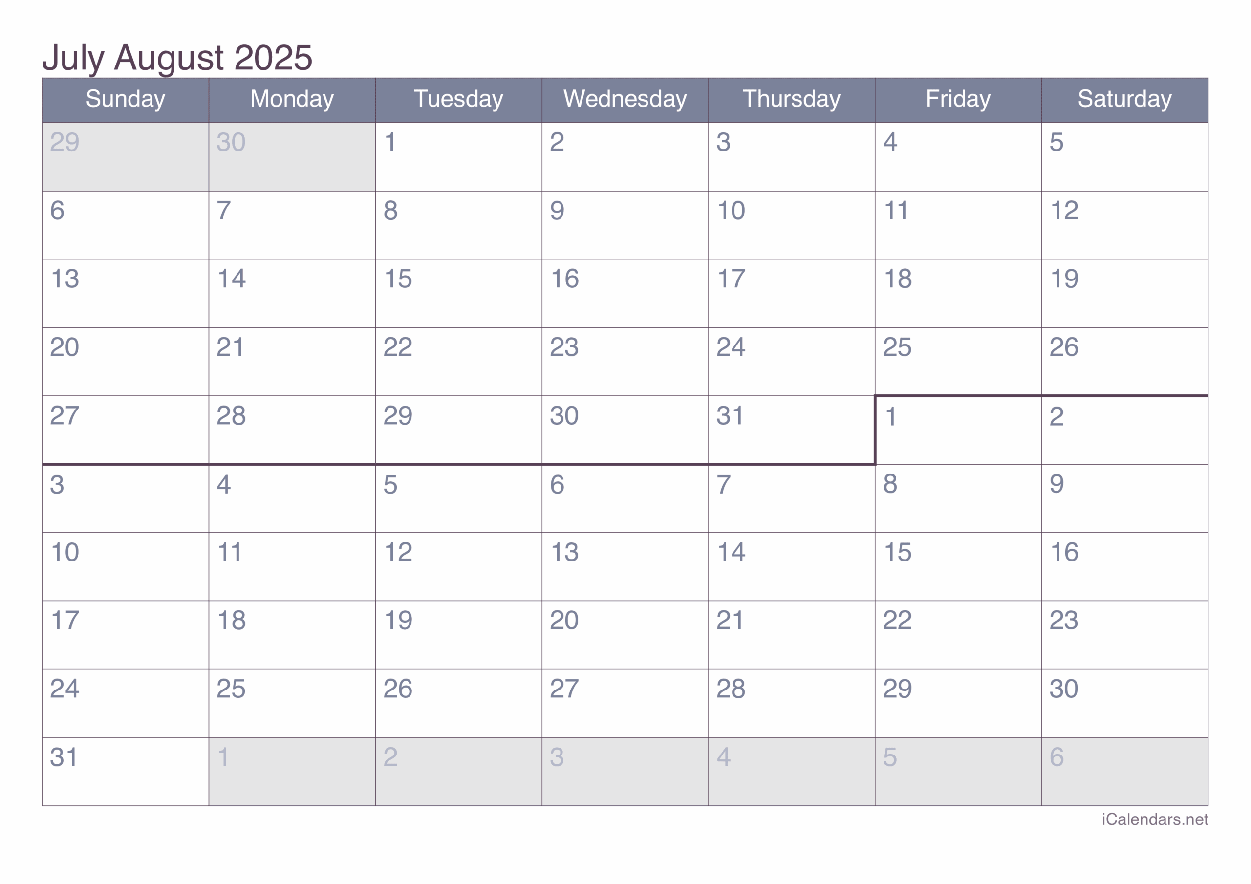 Calendar Of June July And August 2025