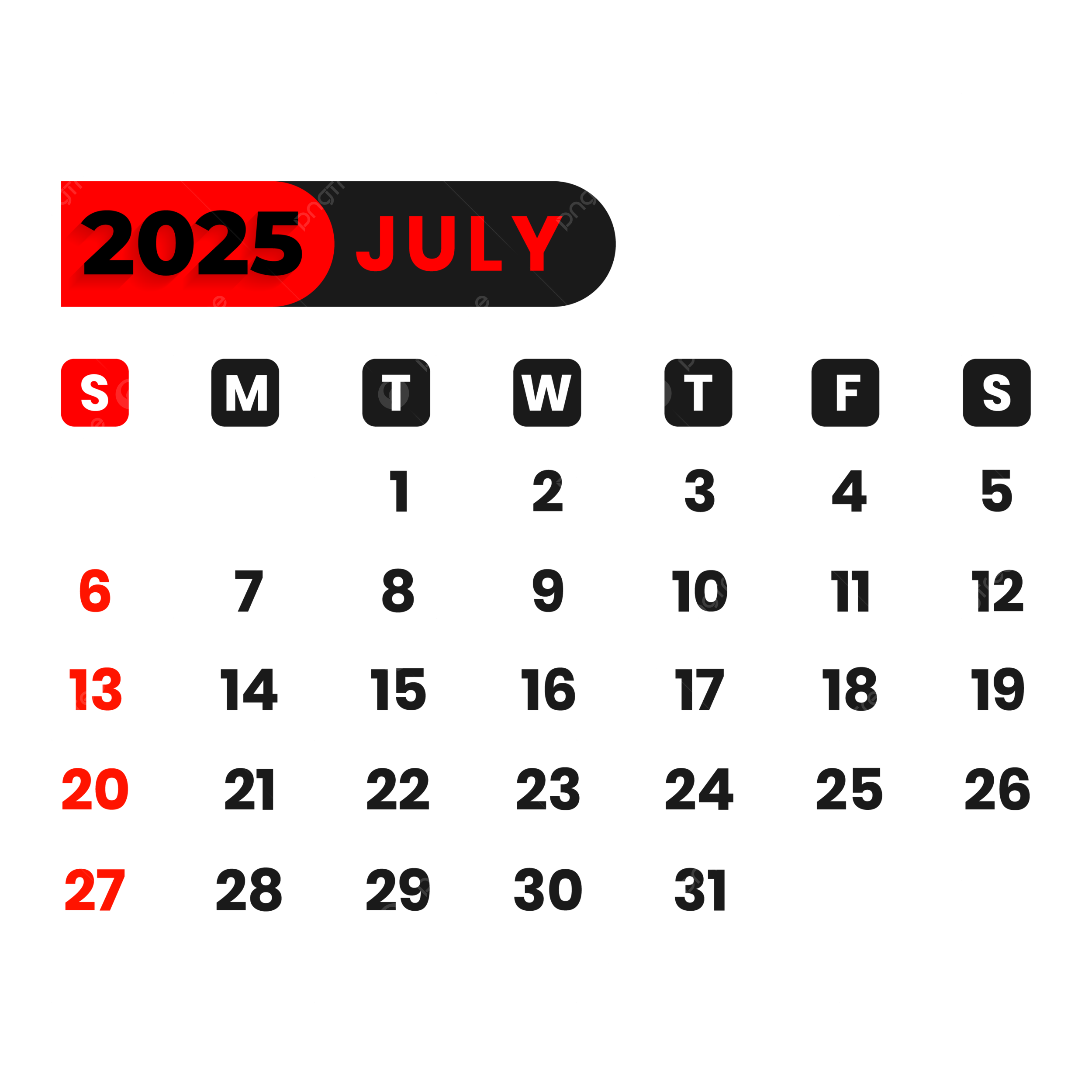 July Calendar 2025 Vector July Calendar 2025 PNG And Vector With Transparent Background For Free Download