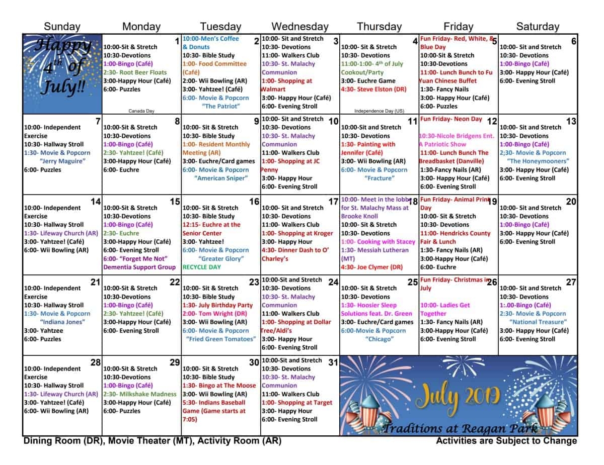 July Calendar Assisted Living Traditions At Reagan Park