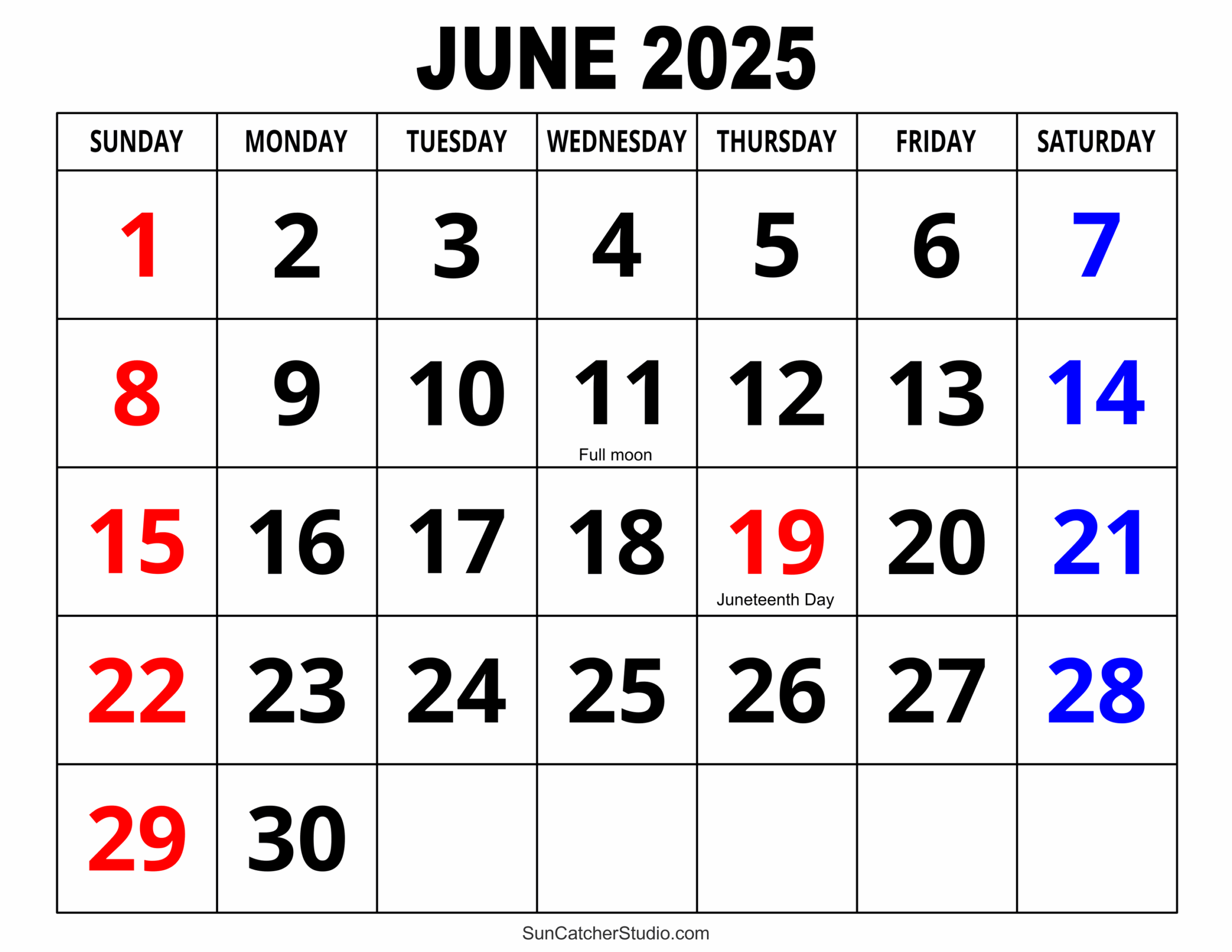 Free Printable Big Grid June 2025 Calendar