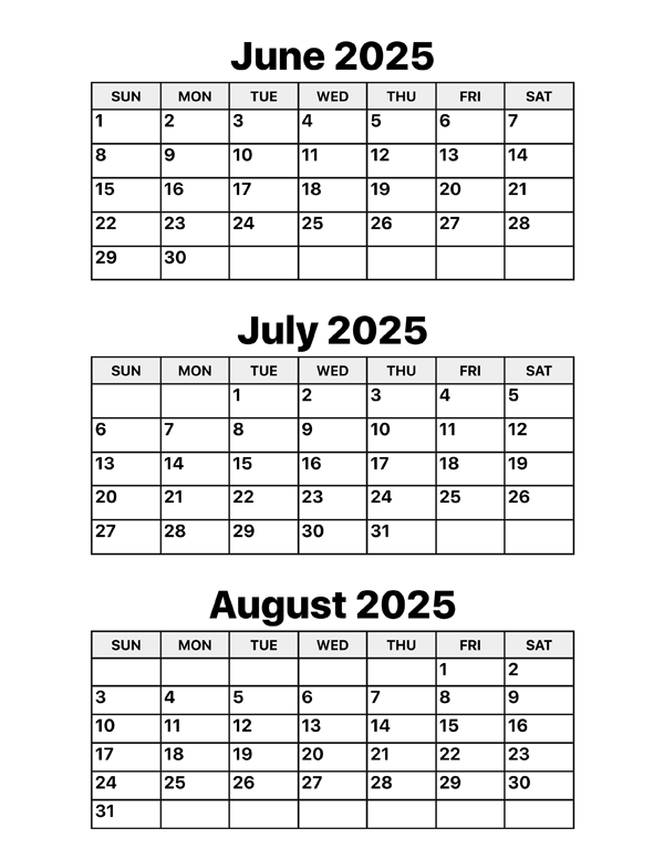 Calendar For The Month Of July And August 2025