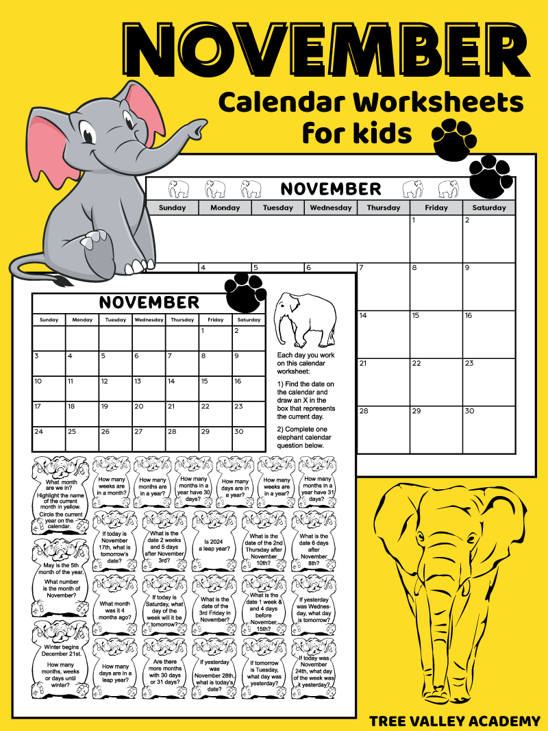 November 2025 Calendar Kids Printable