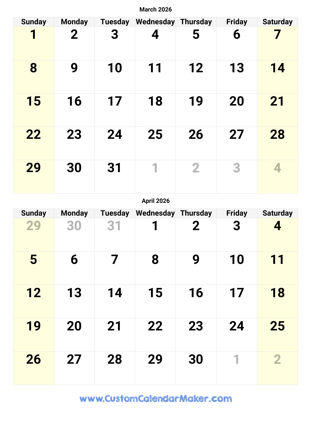 Free Printable 2026 Calendar March April