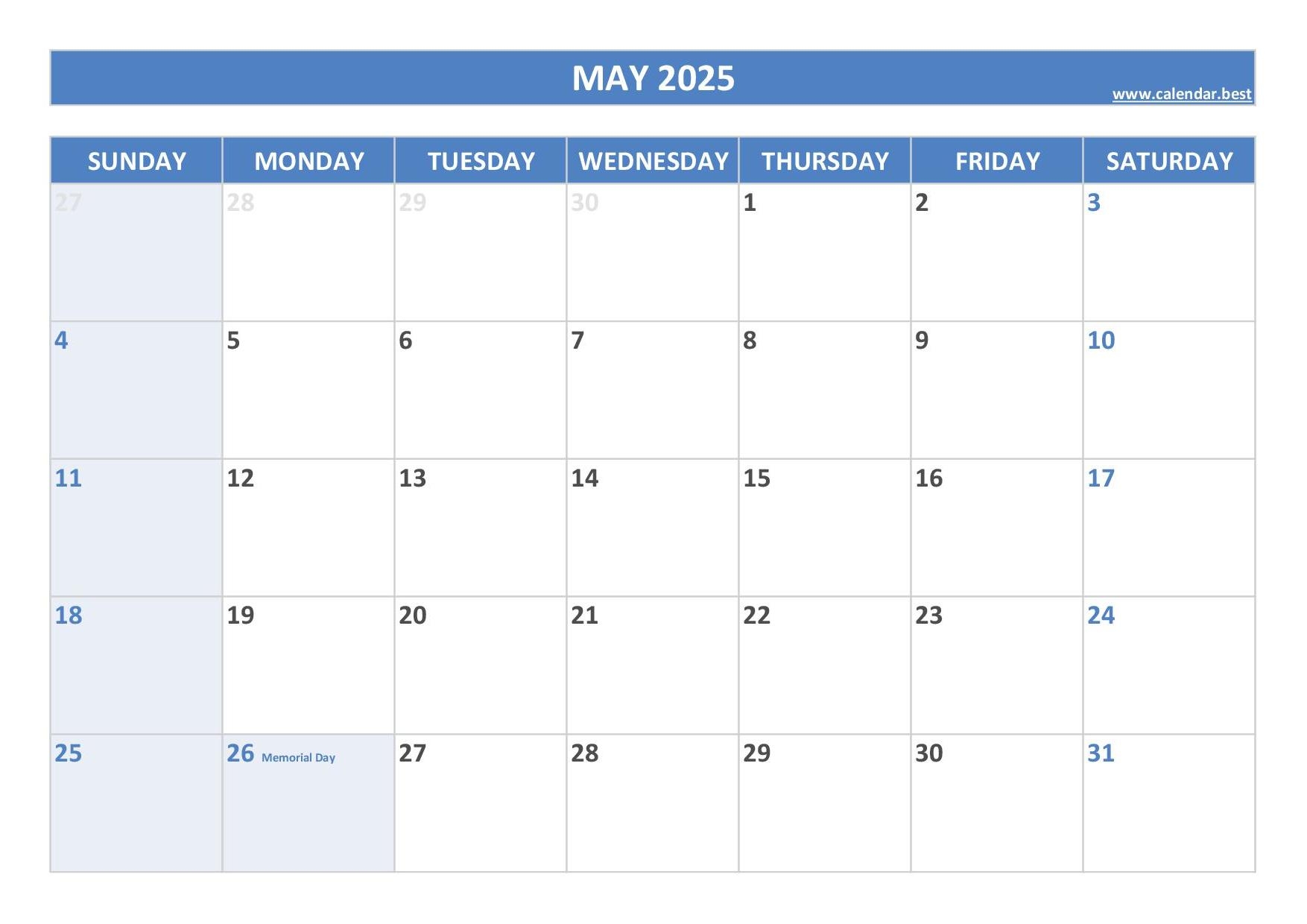 Free Printable 2025 Monthly Calendar With Holidays May