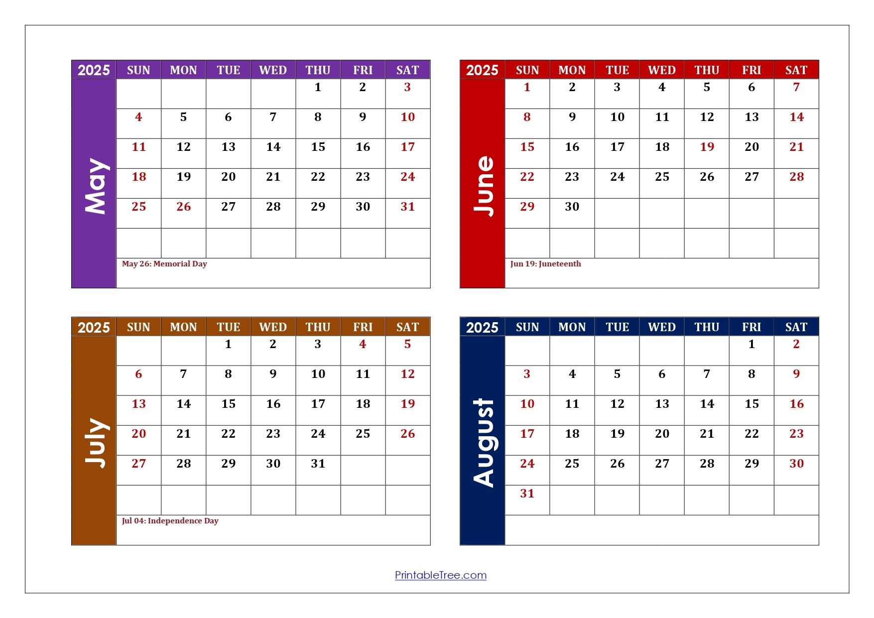 Free Printable Calendar 2025 May June July August