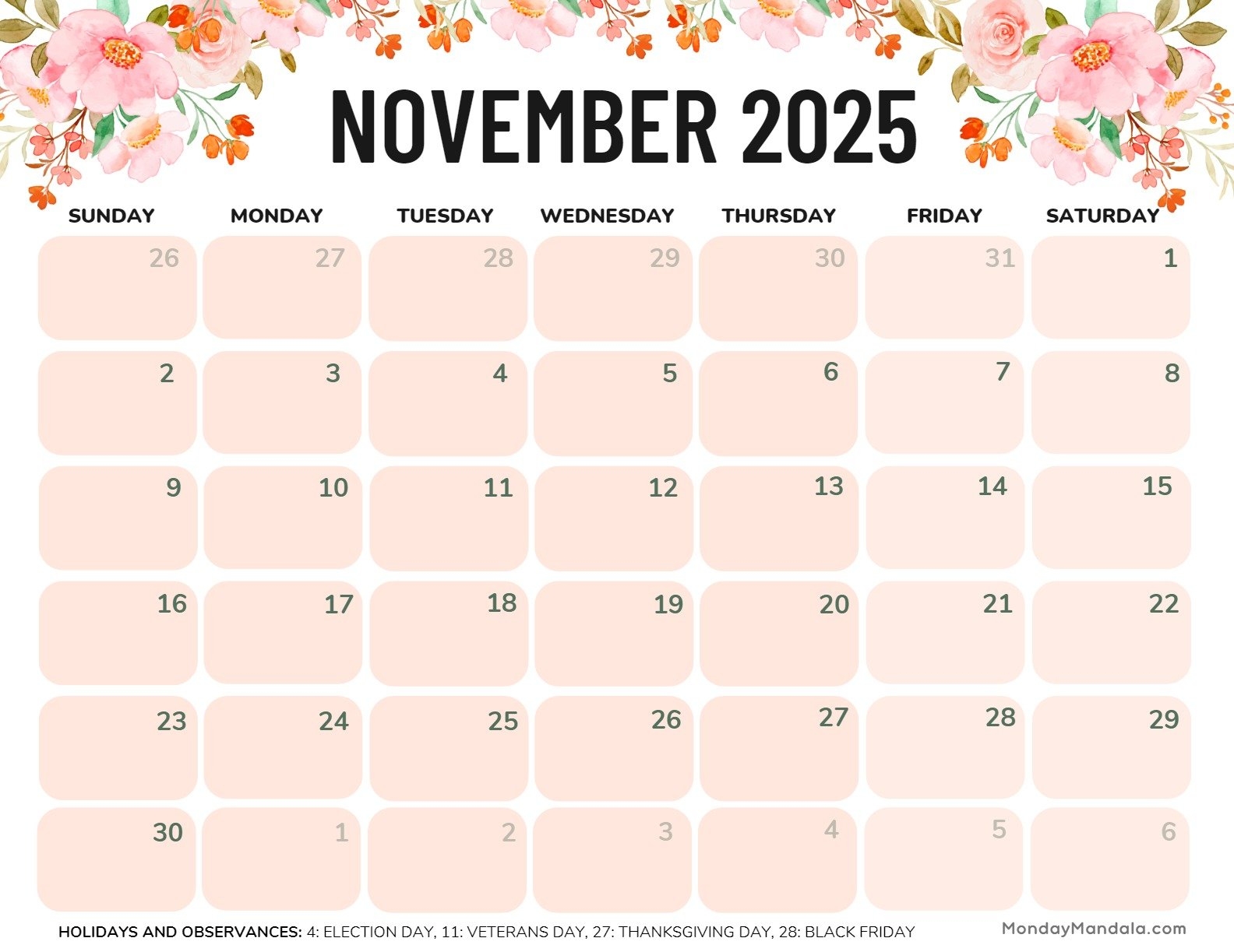 Printable Free November 2025 Calendar
