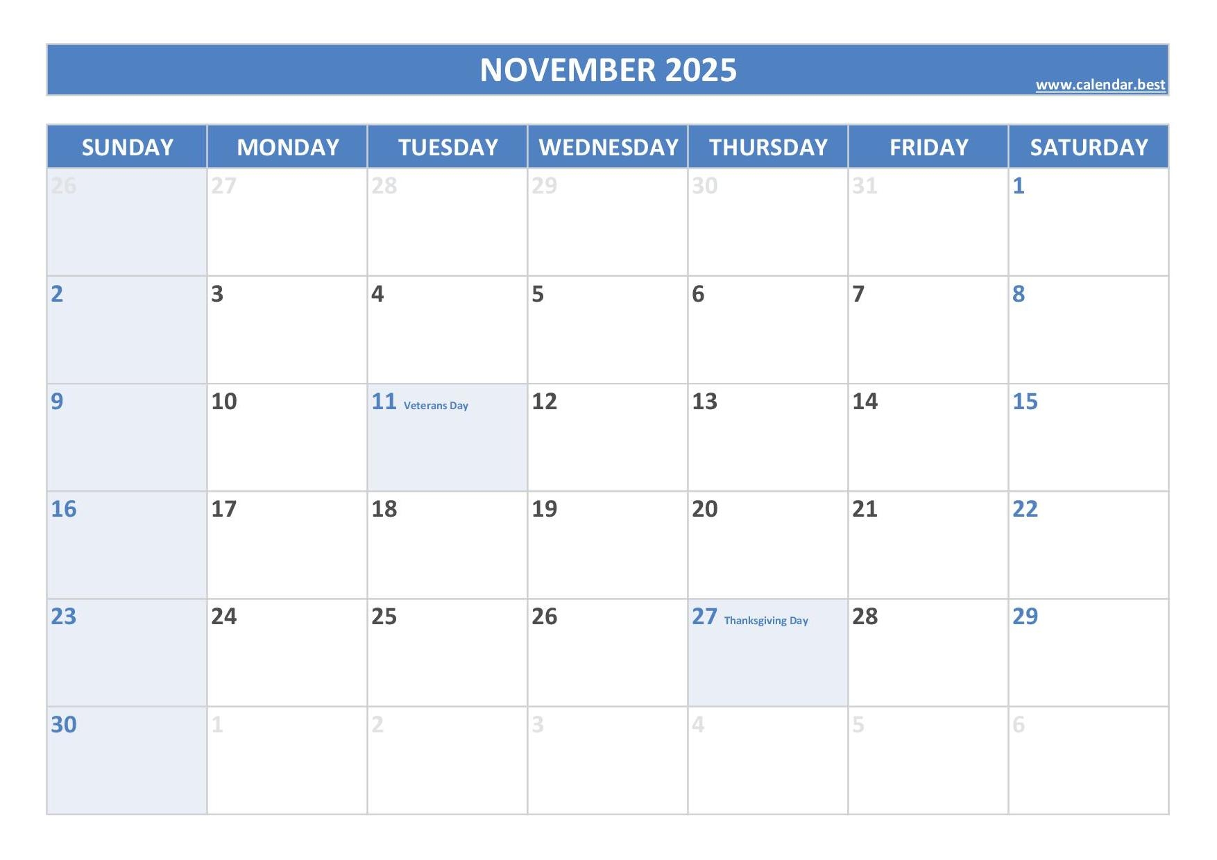 November 2025 Calendar Printable Calender