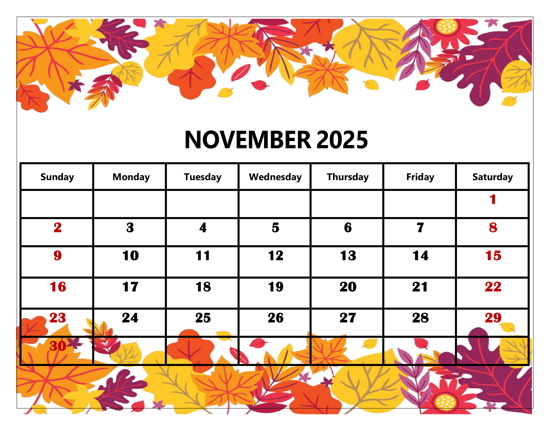 Free Printable Large Box November 2025calendar