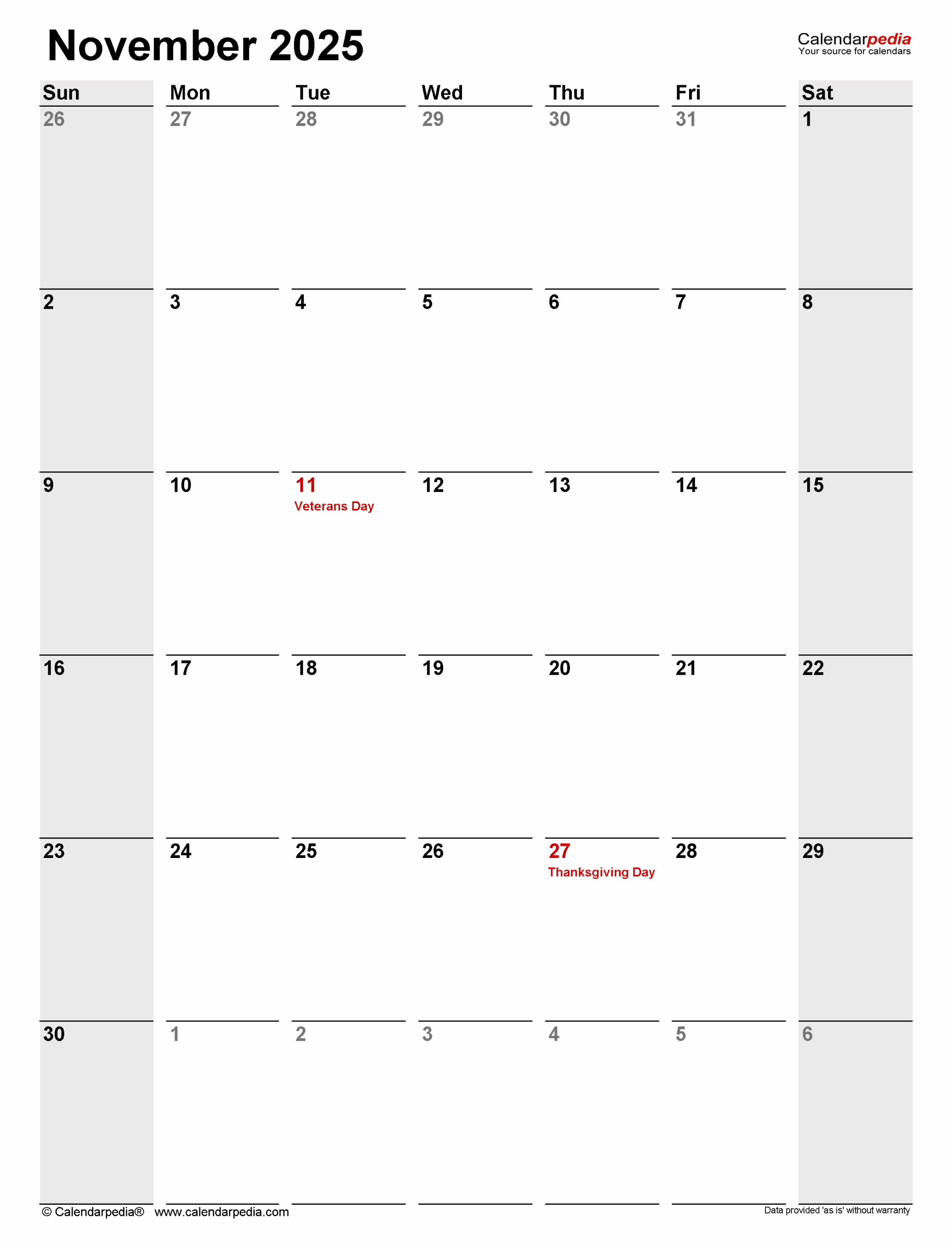 November 2025 Printable Calendar Portrait