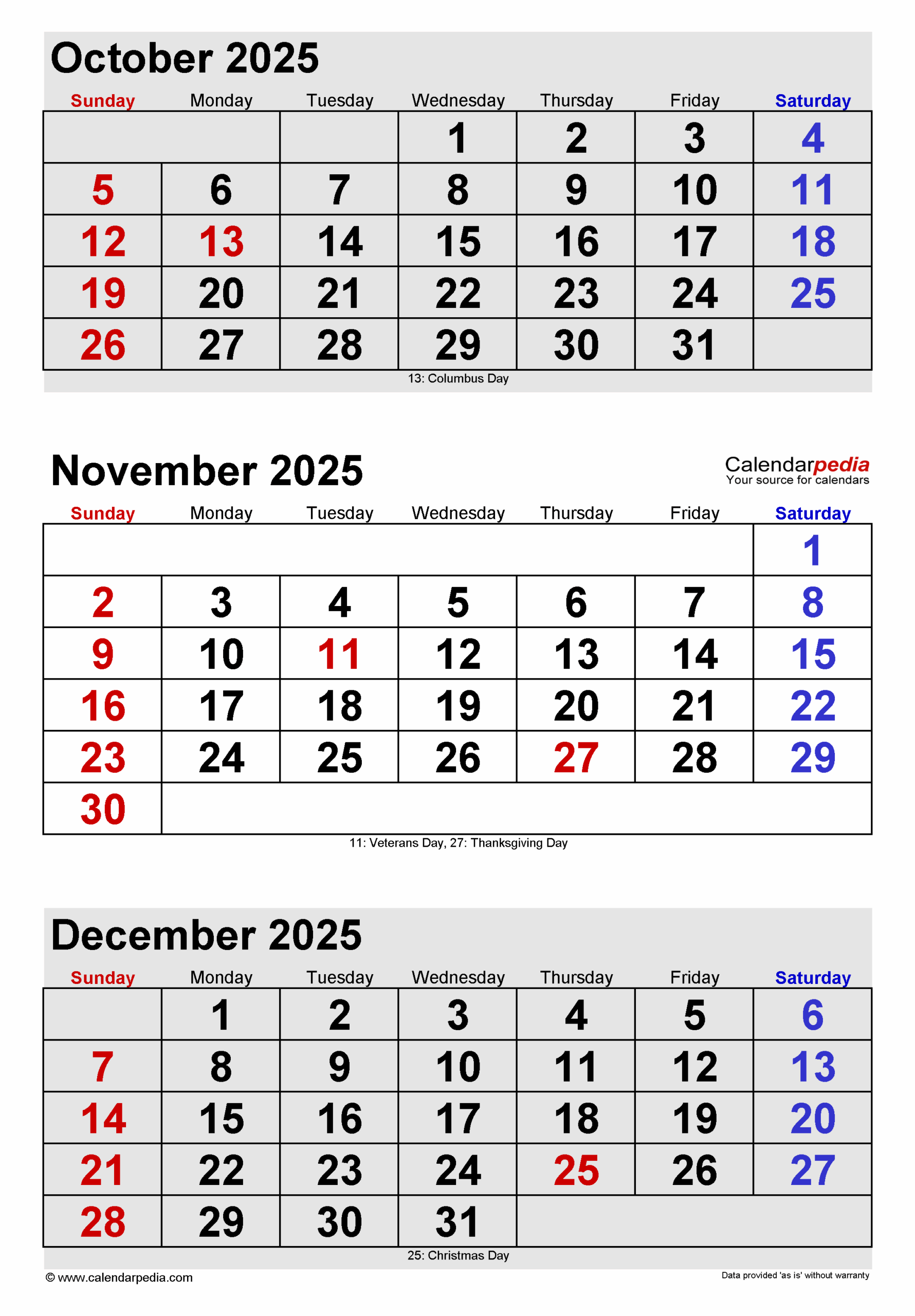 Printable Calendar For October November December 2025