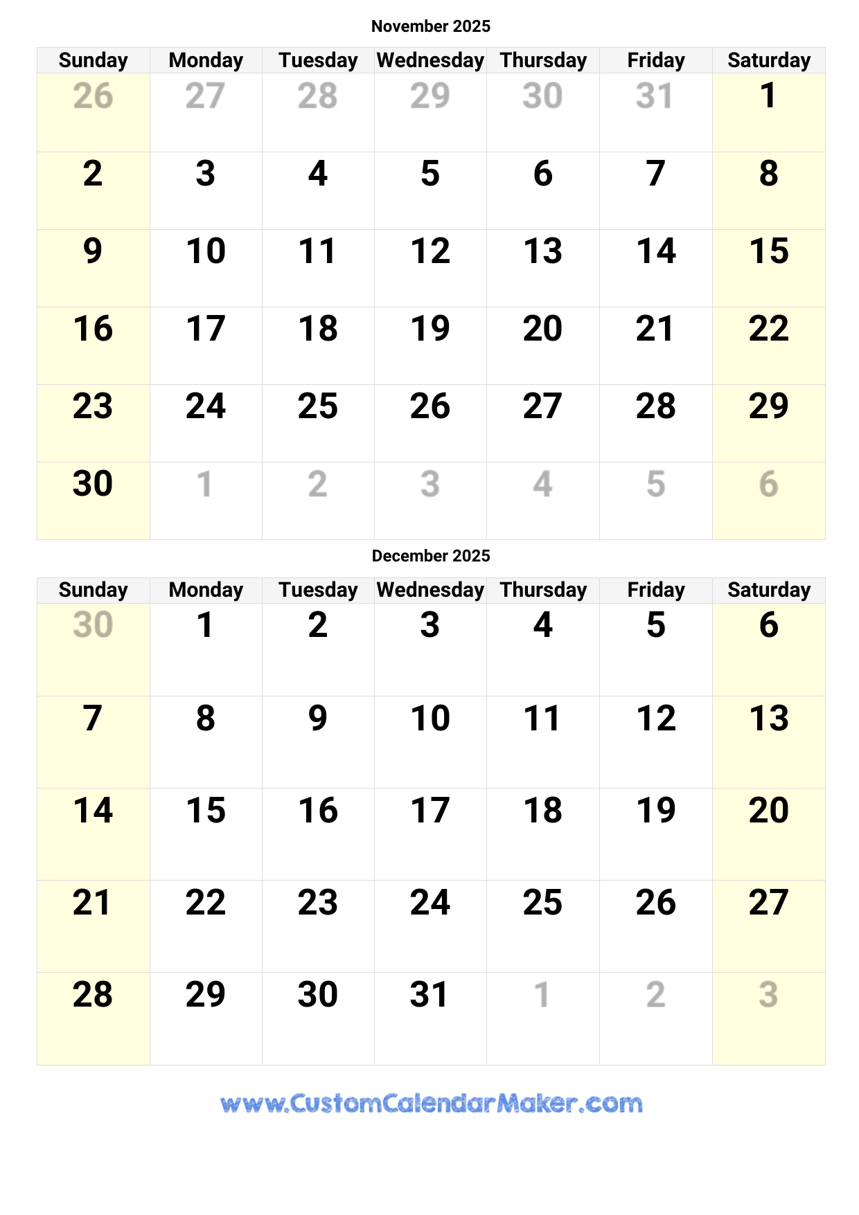 Calendar For November And December 2025 Printable