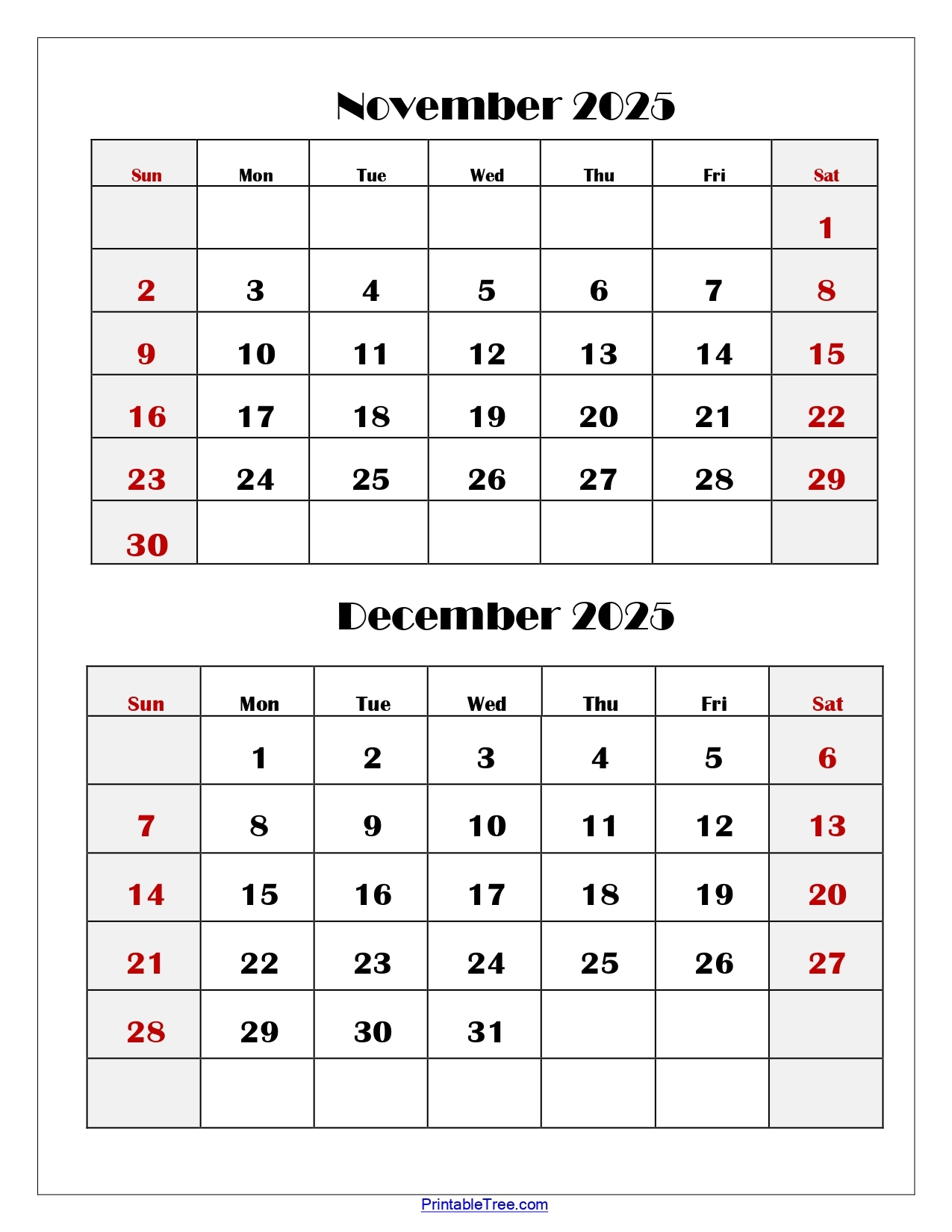 Blank Calendar Printable 2025 November And December 2025