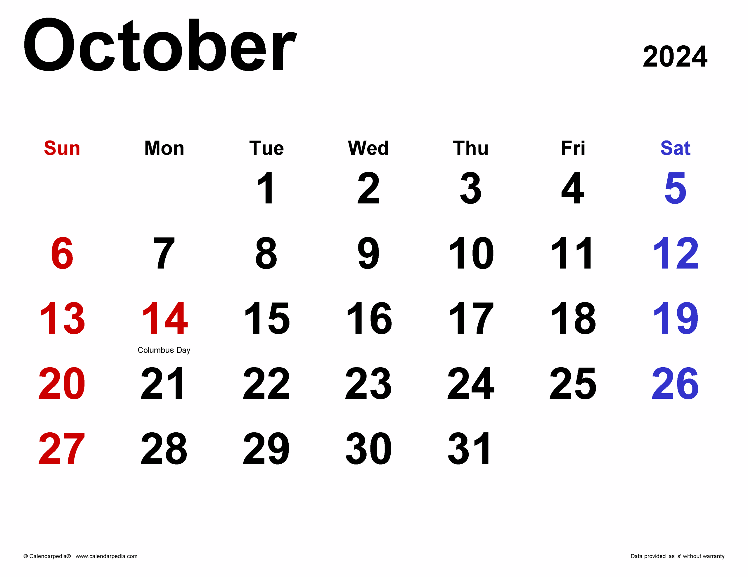 October 24 Printable Calendar