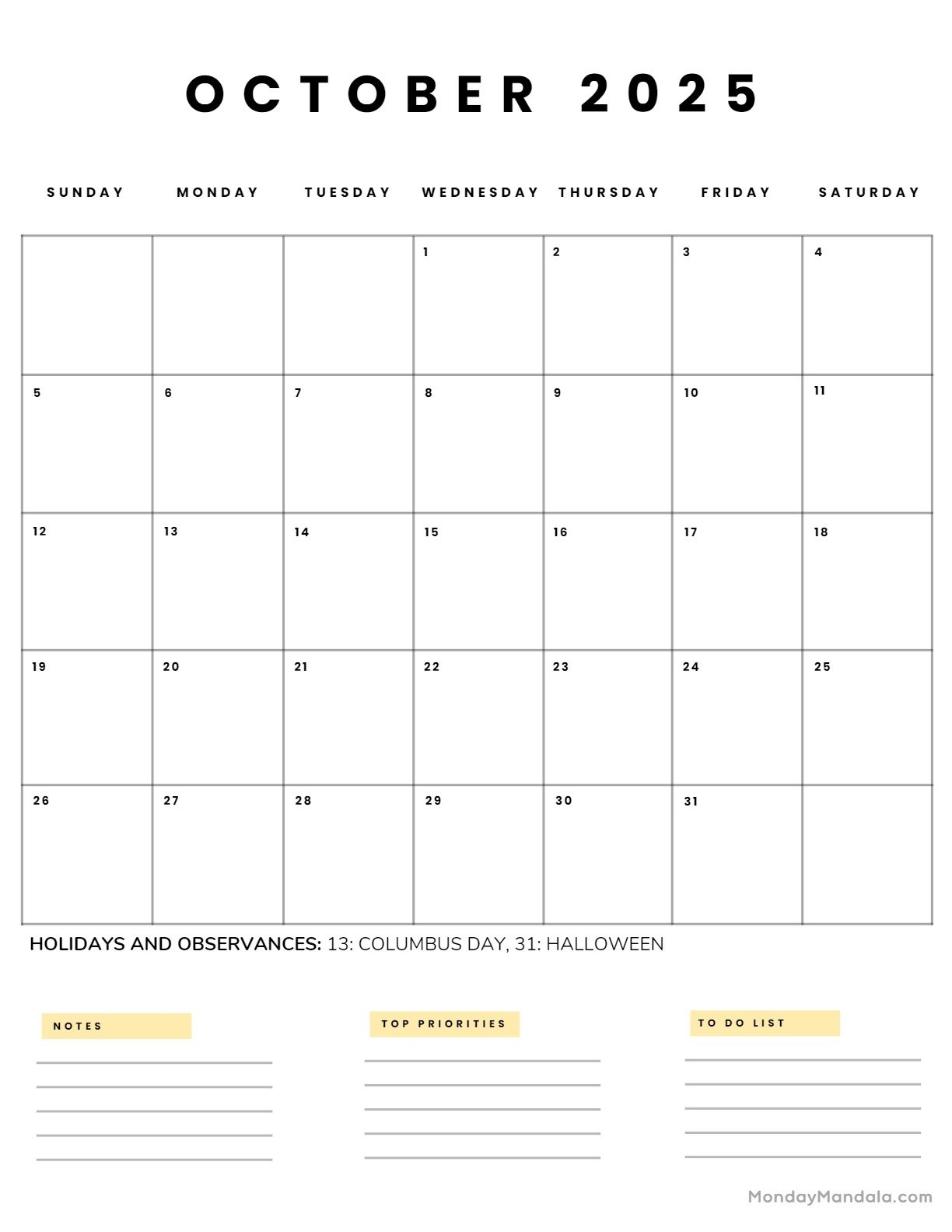 Free Printable 2025 Monthly Calendar October