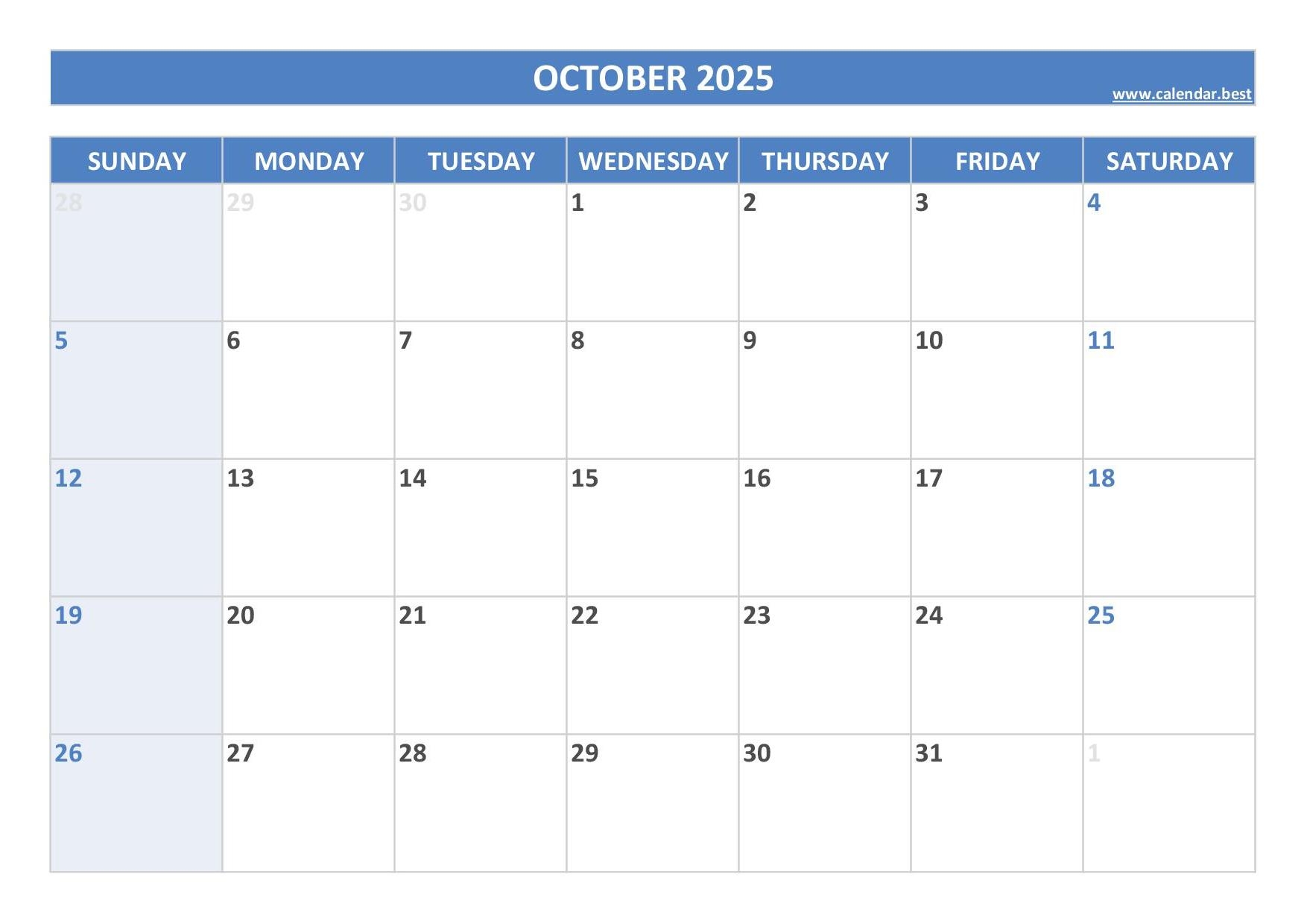 Printable Calendar 2025 October
