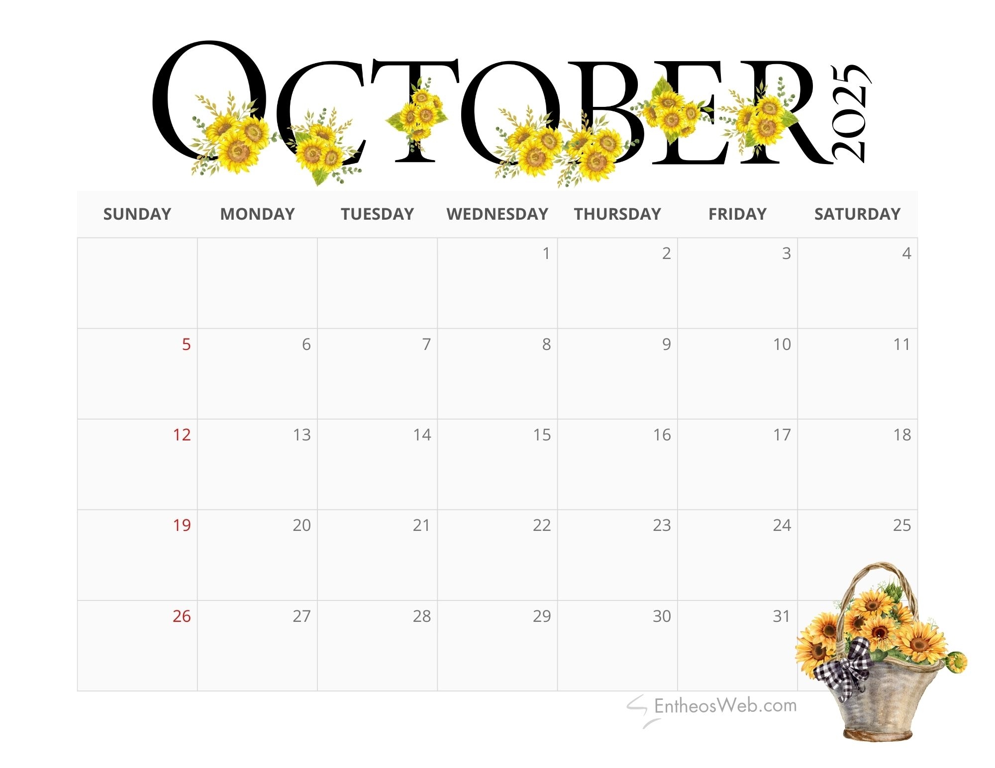 Blank October 2025 Printable Calendar