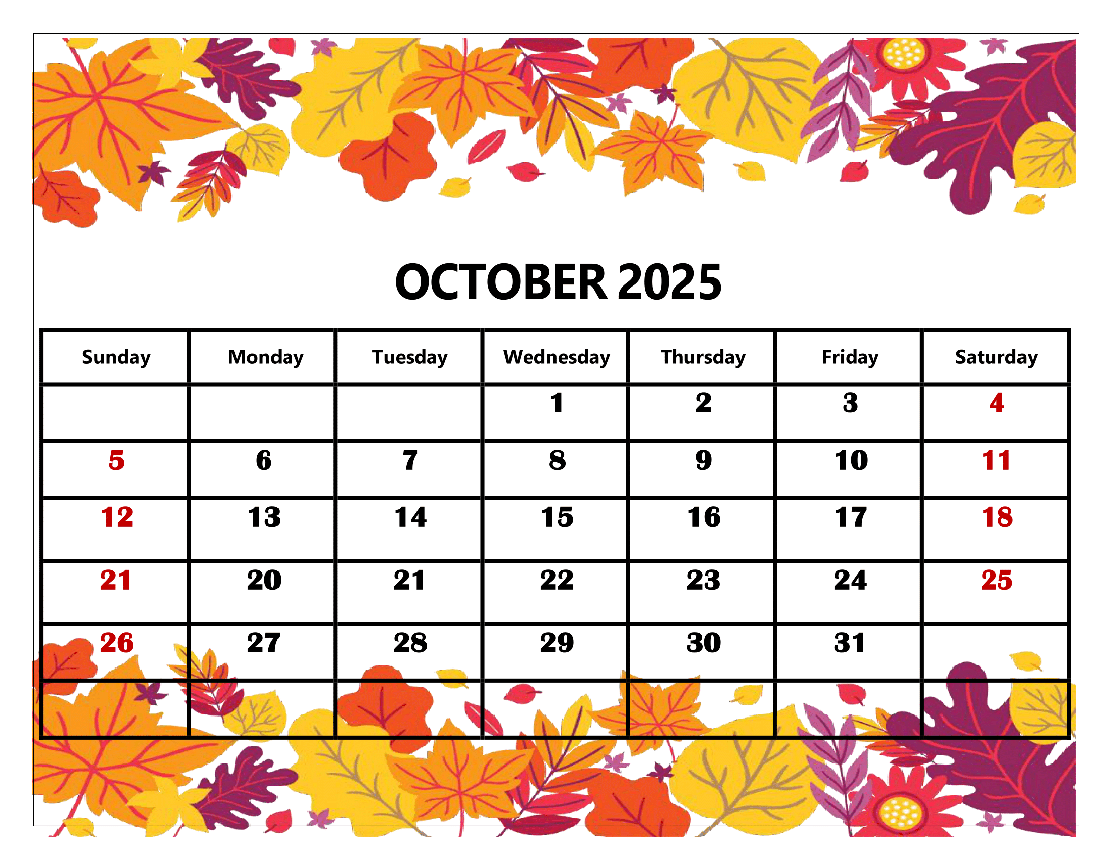 October 2025 Printable Calendar With Holidays
