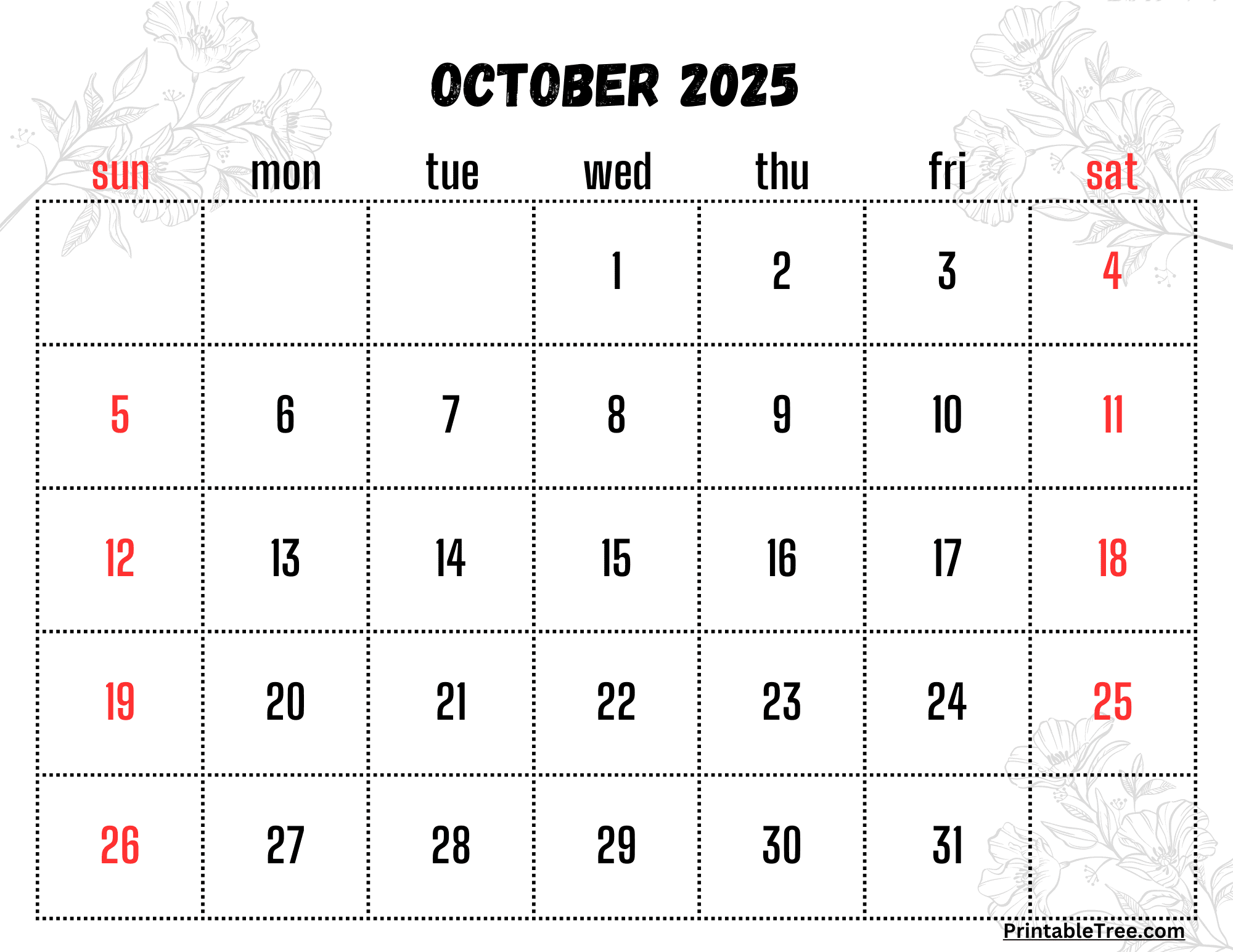 October 2025 Calendar Printable Word
