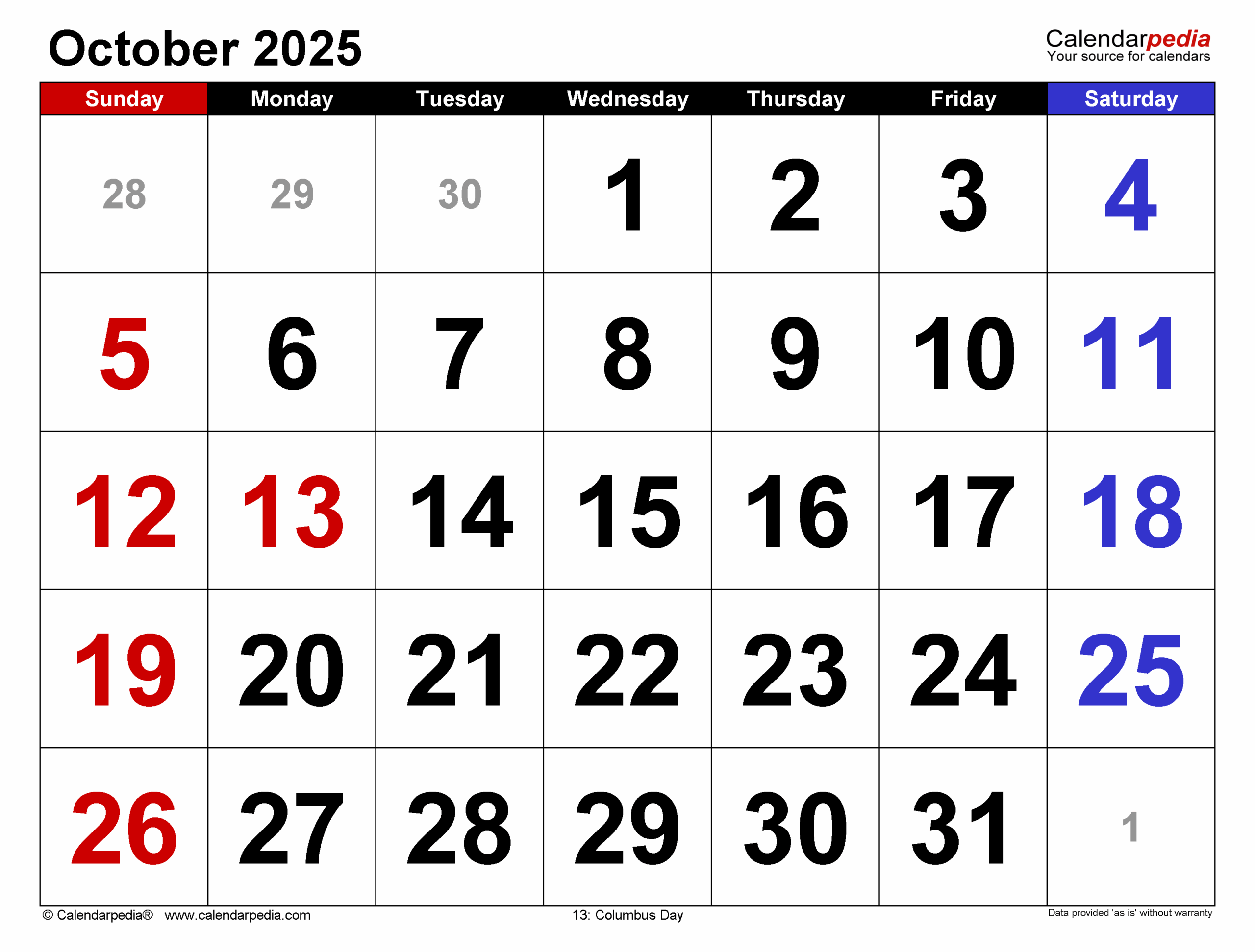 Free Printable October Calendar 2025